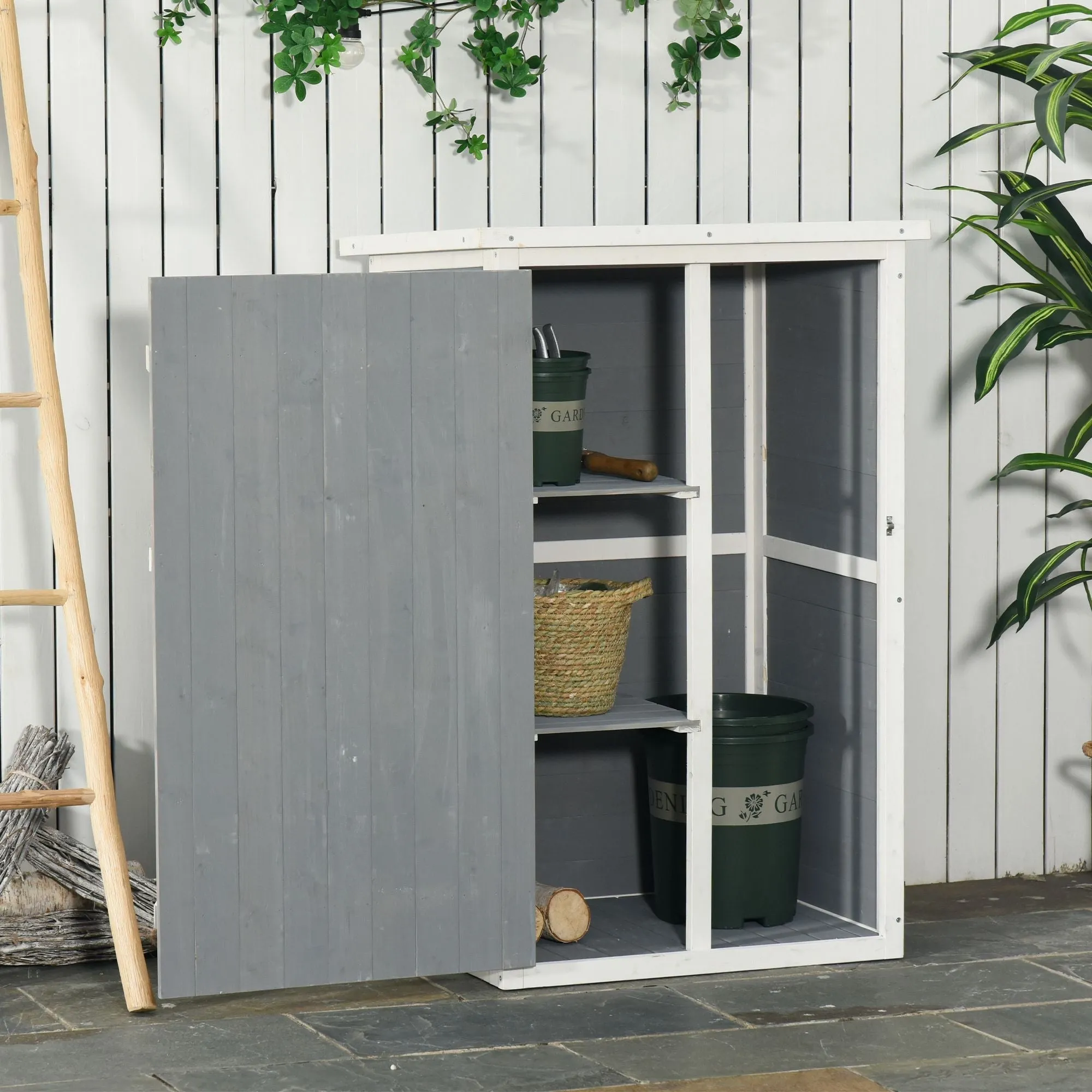 2-Tier Wooden Tool Shed with Waterproof Roof, 75x56x115cm, Grey - Image 2