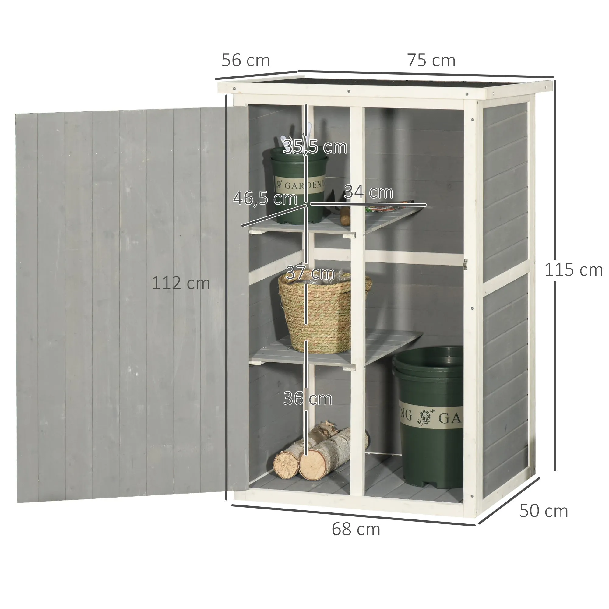 2-Tier Wooden Tool Shed with Waterproof Roof, 75x56x115cm, Grey - Image 3