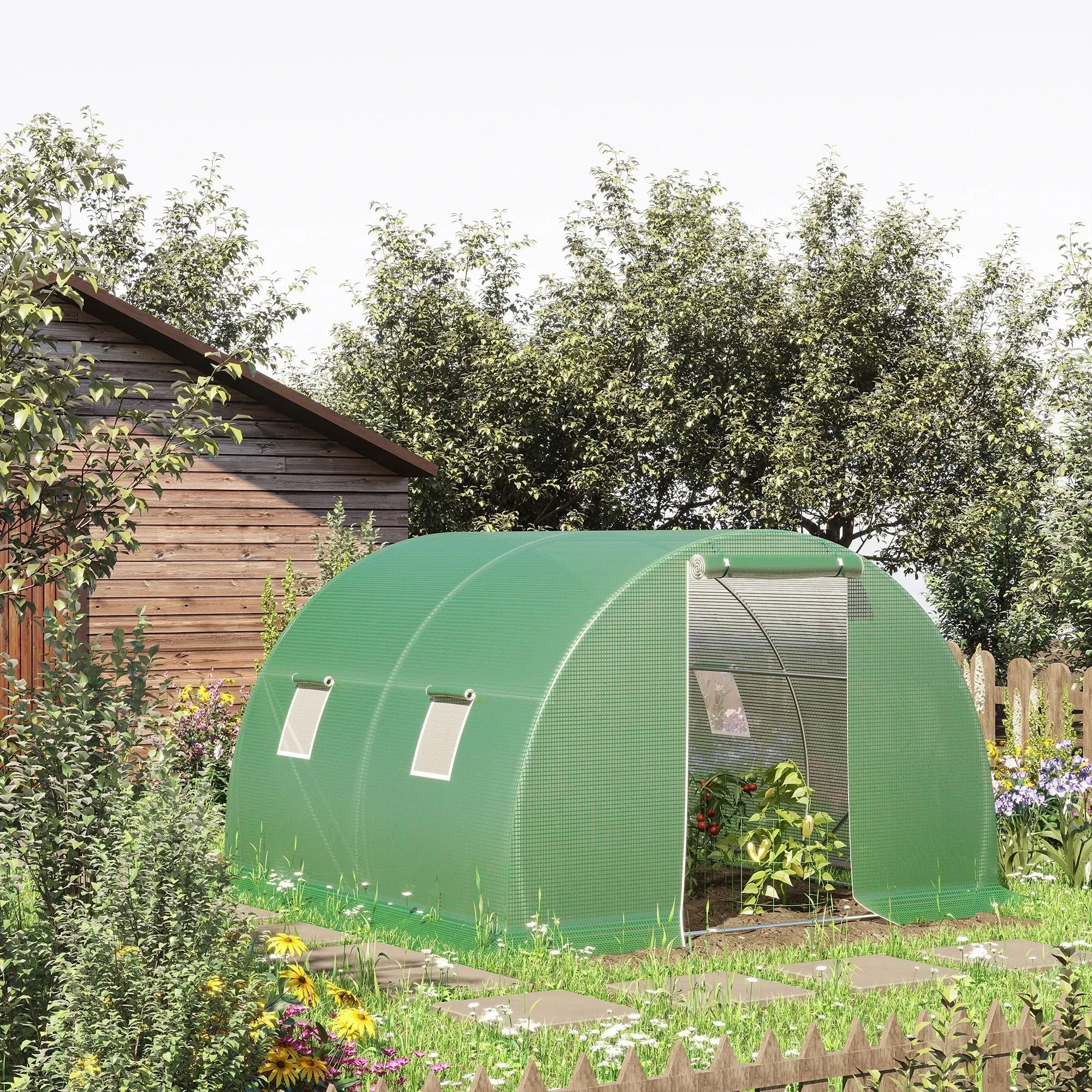 3x3x2m Outdoor Tunnel Greenhouse with PE Cover, Zippered Door and 4 Windows, Green - Image 2