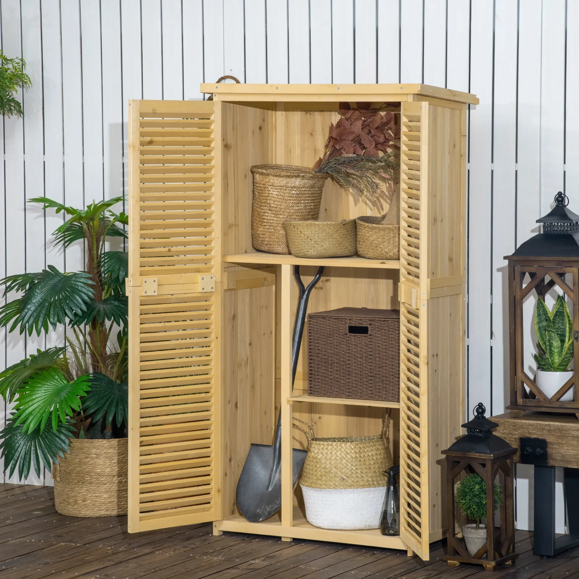 Fir and Pine Wood Garden Tool Shed with 4 Compartments, Outdoor Garden Tool Cabinet with Waterproof Roof, 87x46.5x160cm, Wood Color - Image 2