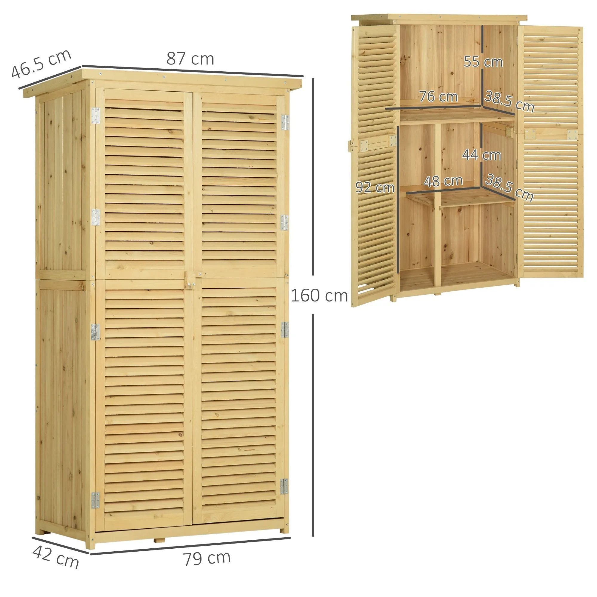 Fir and Pine Wood Garden Tool Shed with 4 Compartments, Outdoor Garden Tool Cabinet with Waterproof Roof, 87x46.5x160cm, Wood Color - Image 3