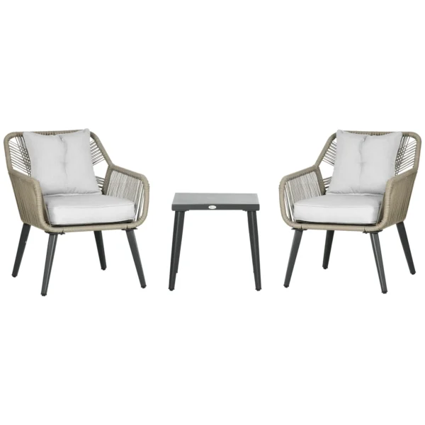 3 Piece Garden Table and Chair Set in PE Rattan and Steel with 2 Modern Chairs and 1 Coffee Table