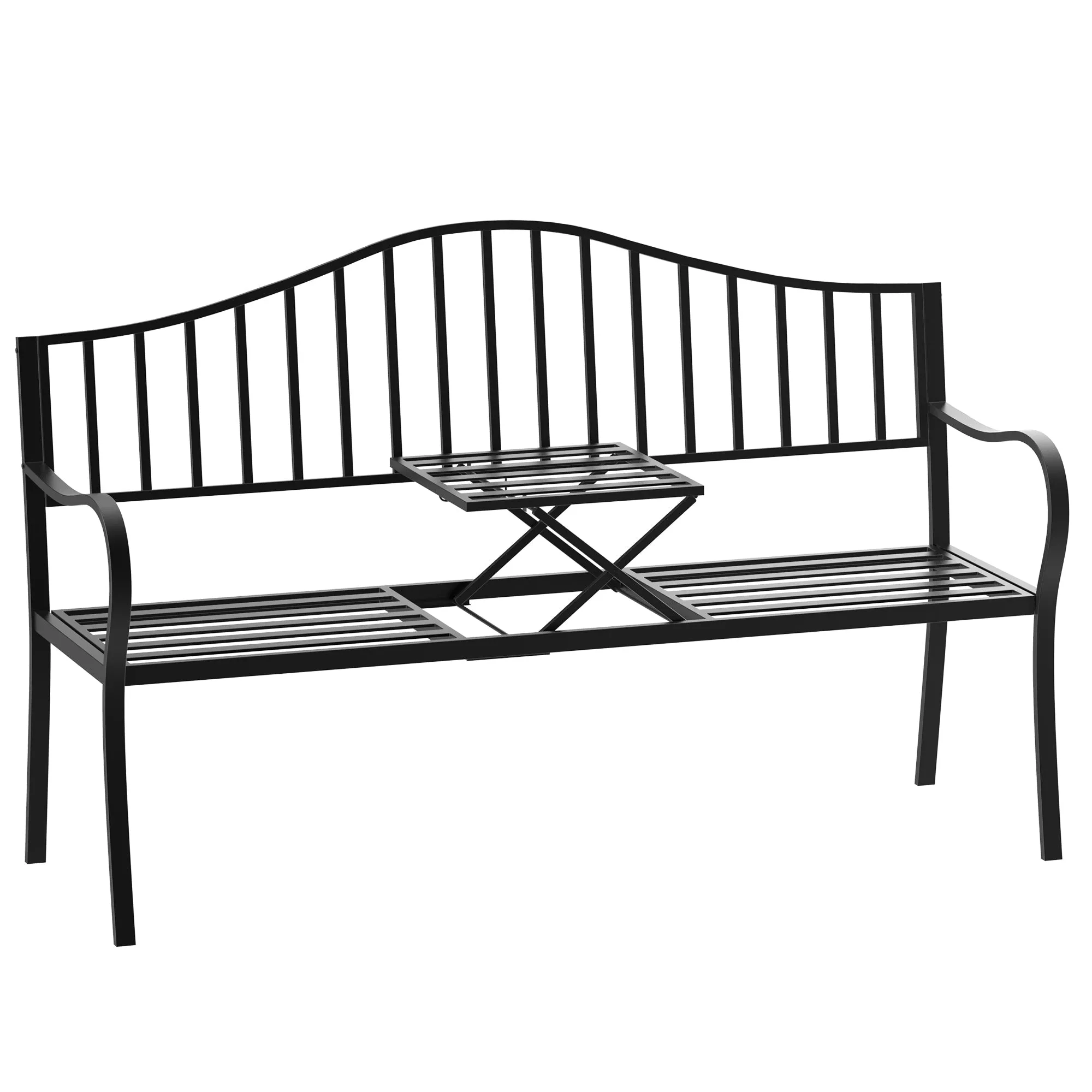 2-Seater Outdoor Bench, Garden Bench with Extendable Metal Table 150 x 53 x 95 cm Black