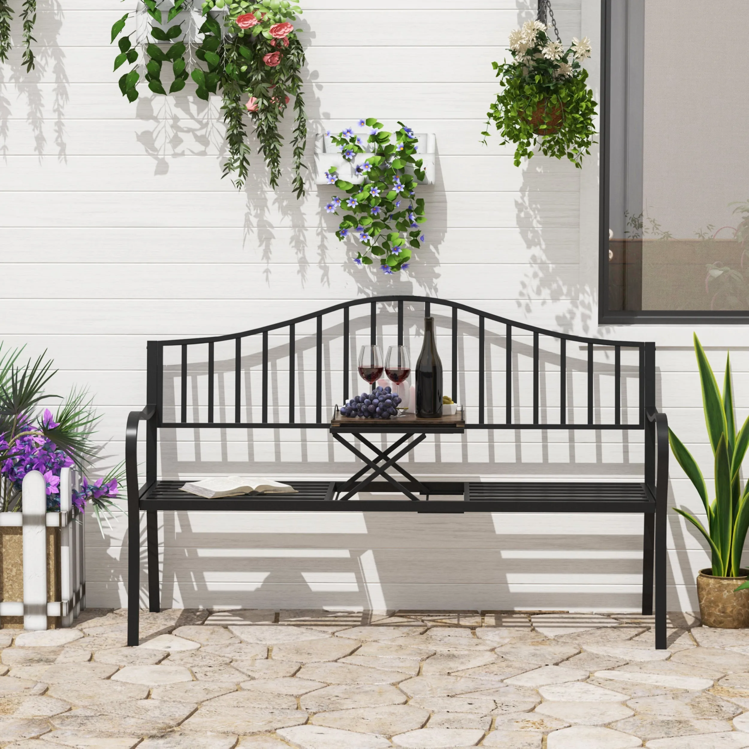 2-Seater Outdoor Bench, Garden Bench with Extendable Metal Table 150 x 53 x 95 cm Black - Image 2