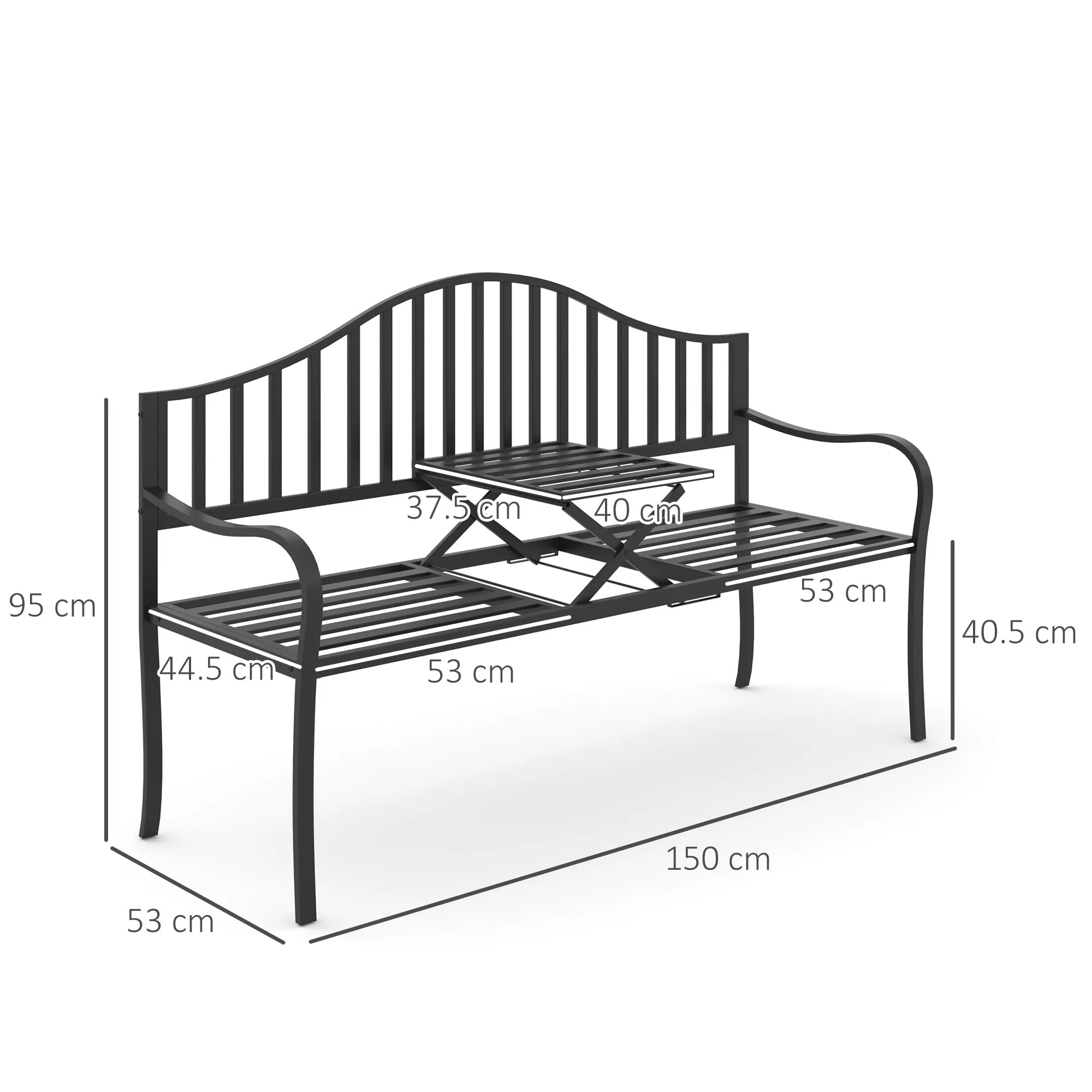 2-Seater Outdoor Bench, Garden Bench with Extendable Metal Table 150 x 53 x 95 cm Black - Image 3