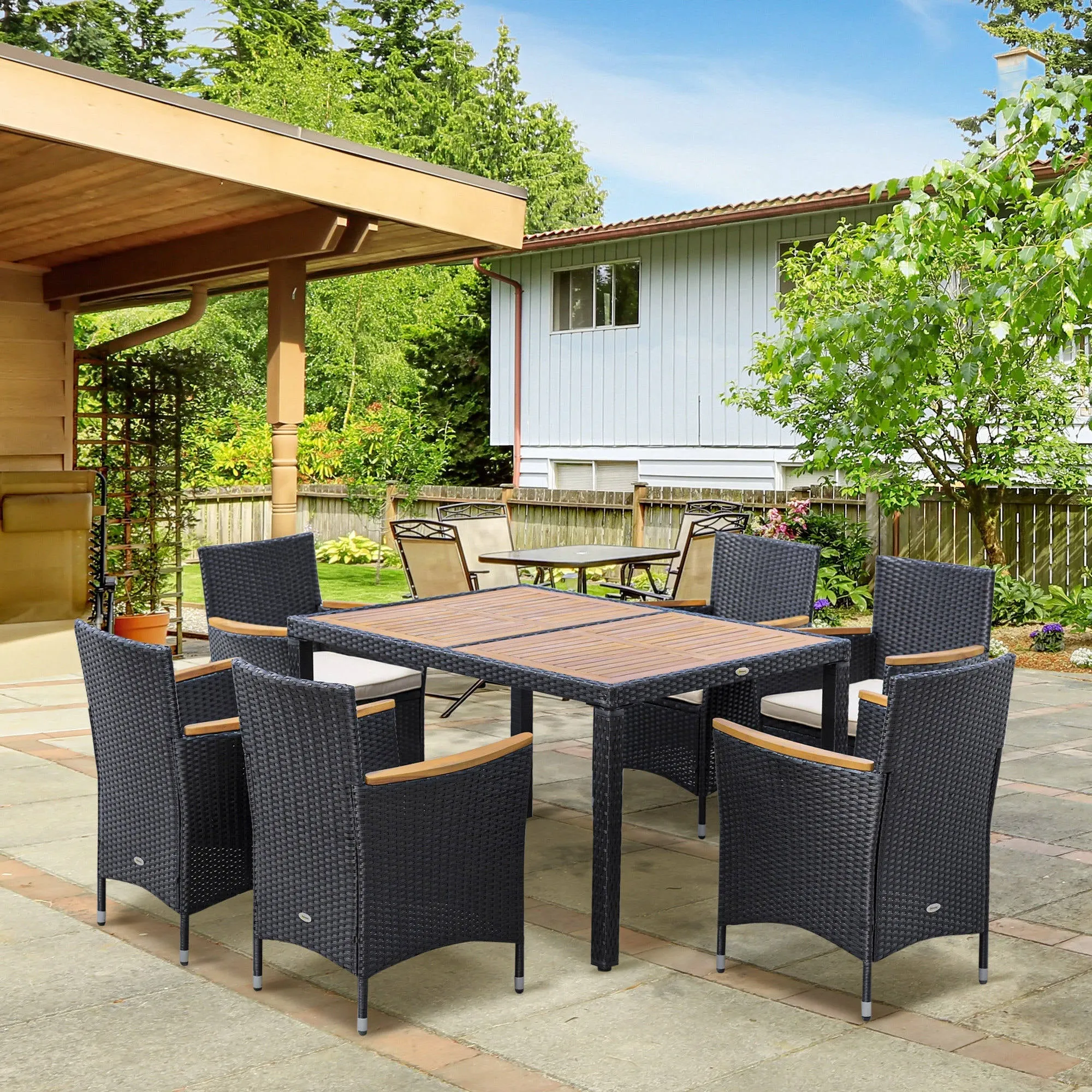 7-Piece Garden Table and Chair Set in PE Rattan and Wood with Soft Cushions, Black - Image 2