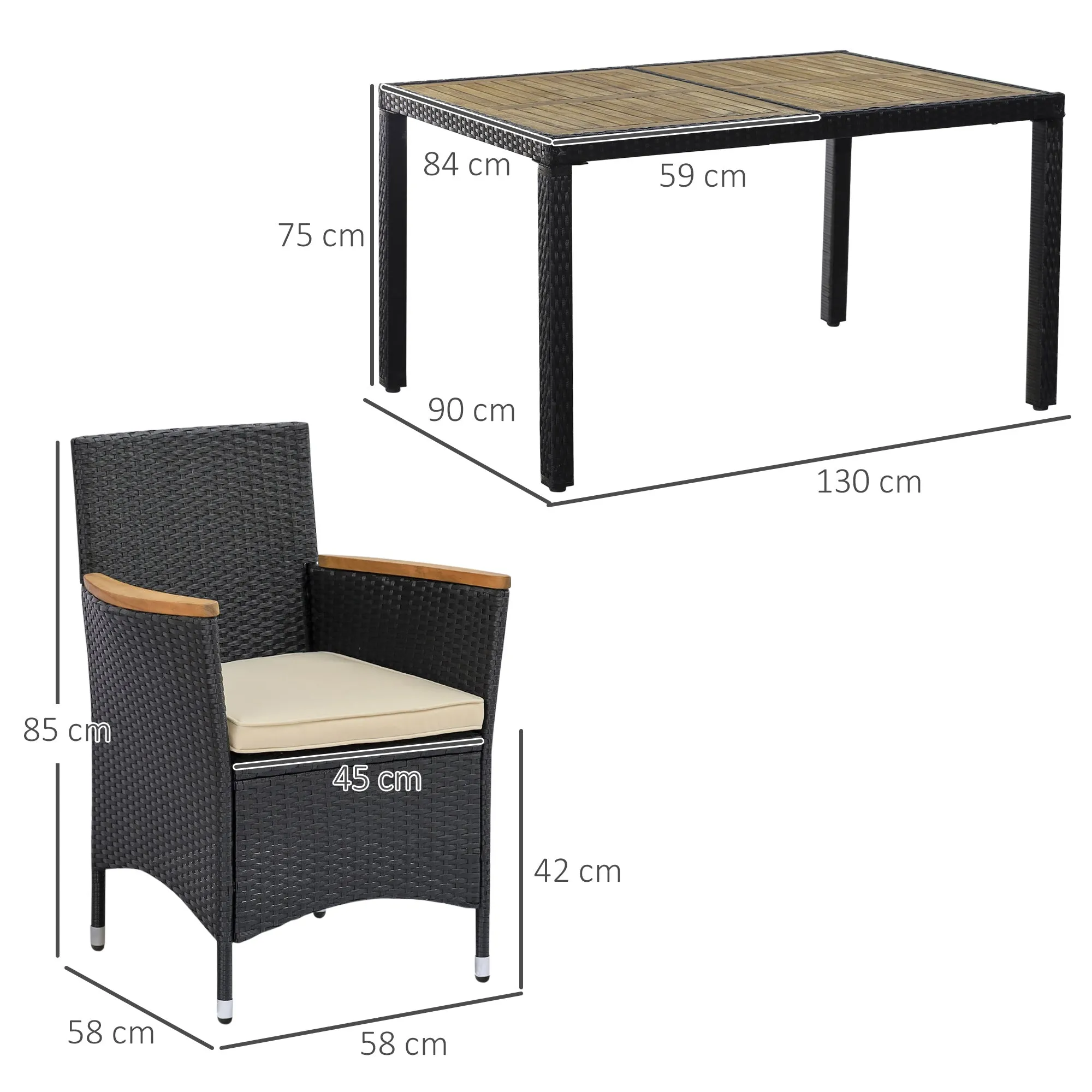 7-Piece Garden Table and Chair Set in PE Rattan and Wood with Soft Cushions, Black - Image 3