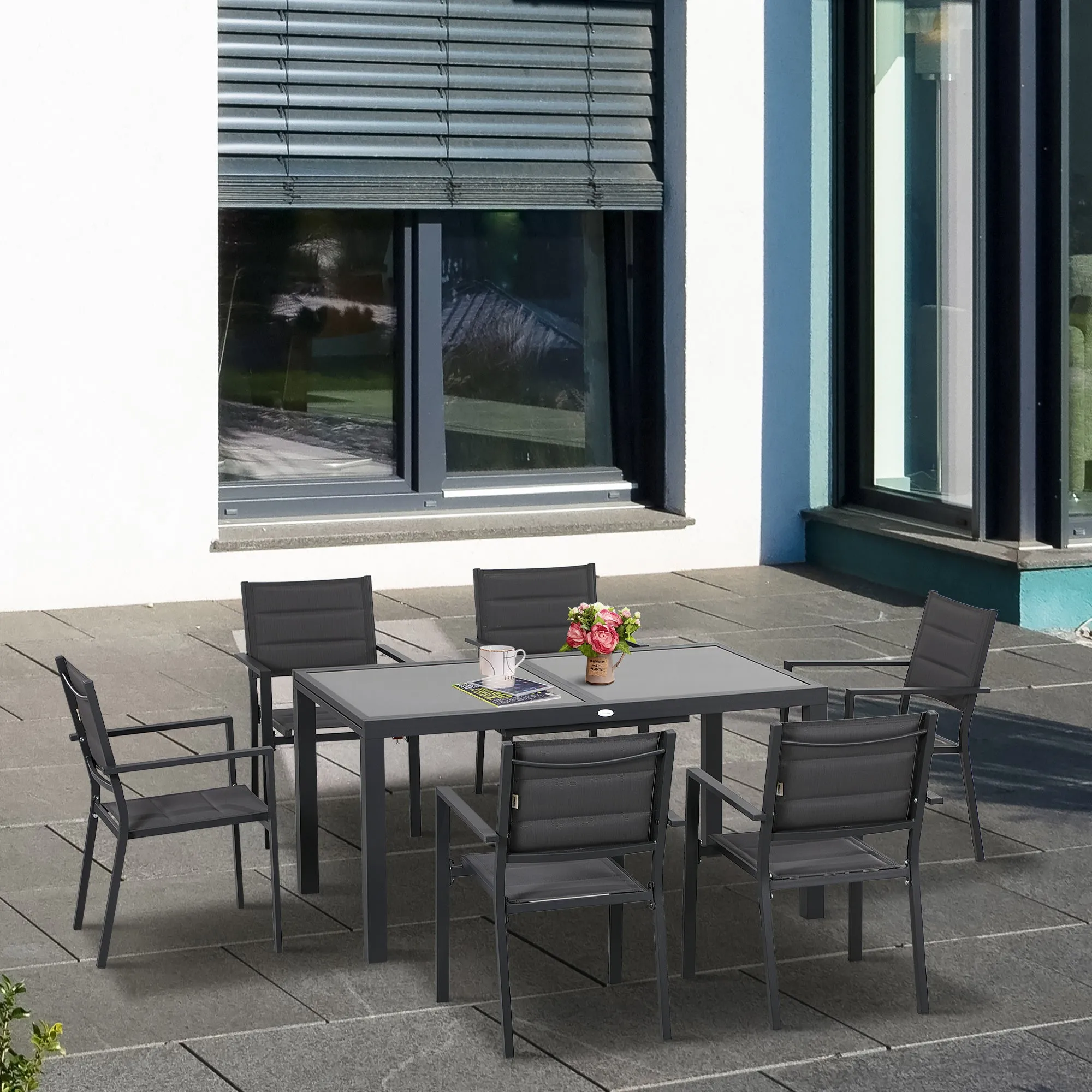 Extendable Glass Table and 6 Chairs Garden Set with Breathable Seat, Dark Grey - Image 2