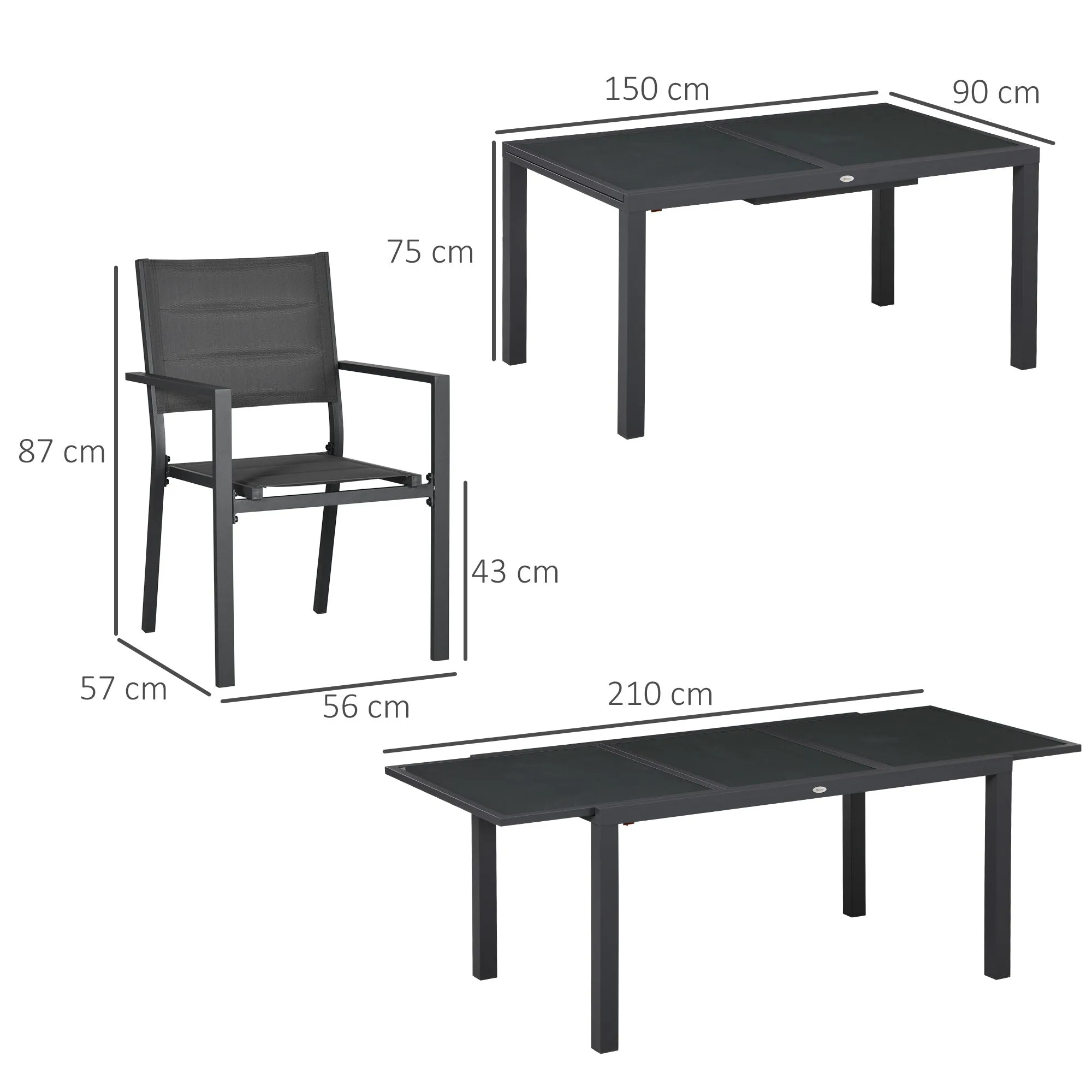 Extendable Glass Table and 6 Chairs Garden Set with Breathable Seat, Dark Grey - Image 3