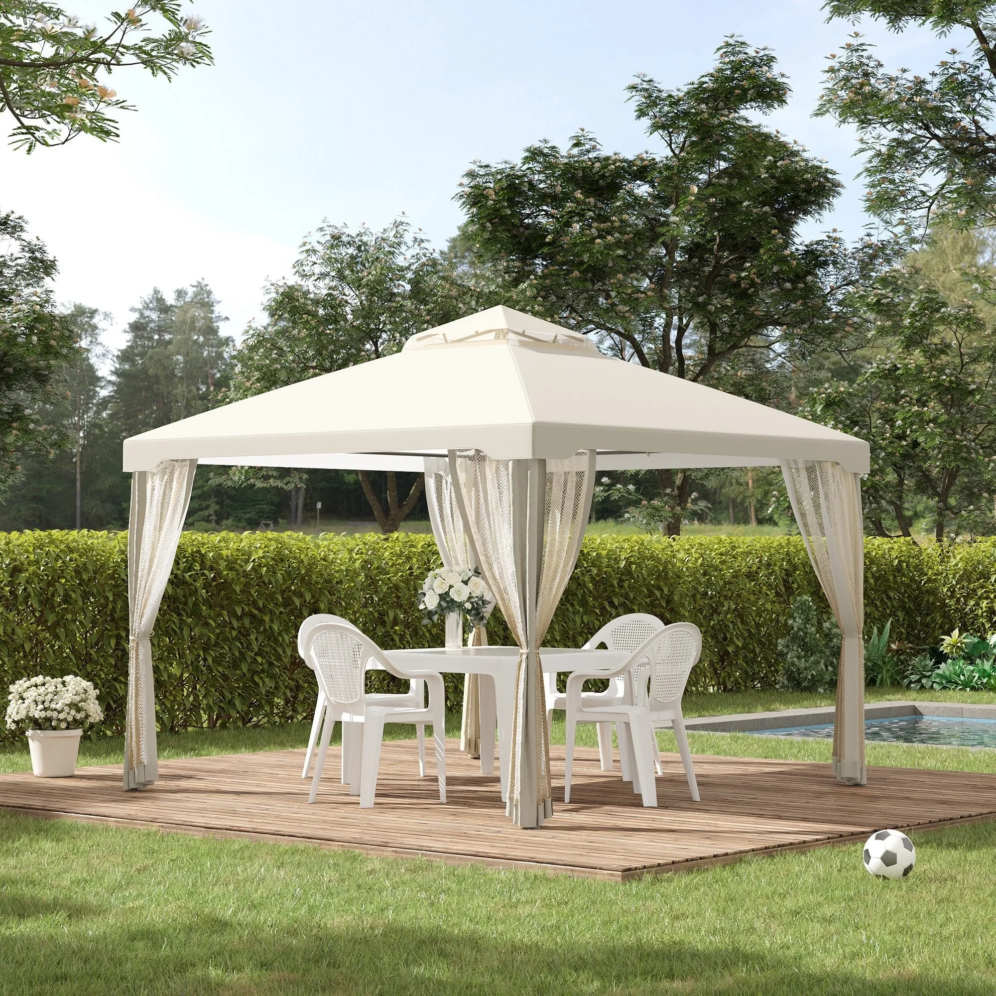 3x3m Garden Gazebo with Mosquito Net, Metal Frame and Polyester Cover, Beige - Image 2