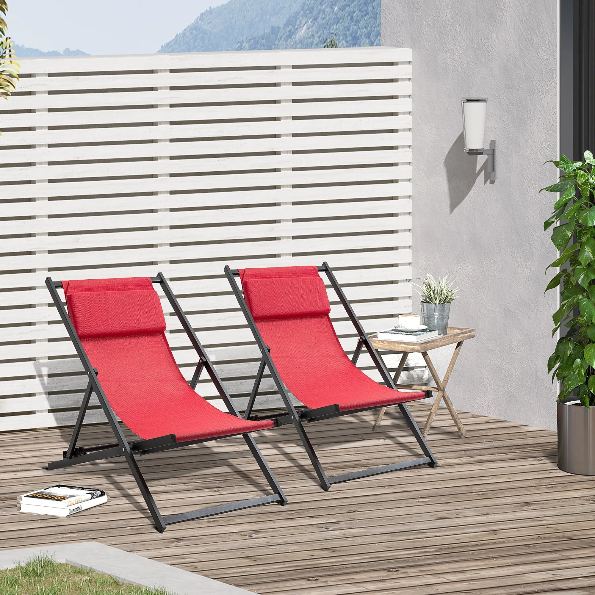 Set of 2 Outdoor Folding and Reclining Deck Chairs in Aluminum, Red, 96.5 x 58 x 91.5cm - Image 2