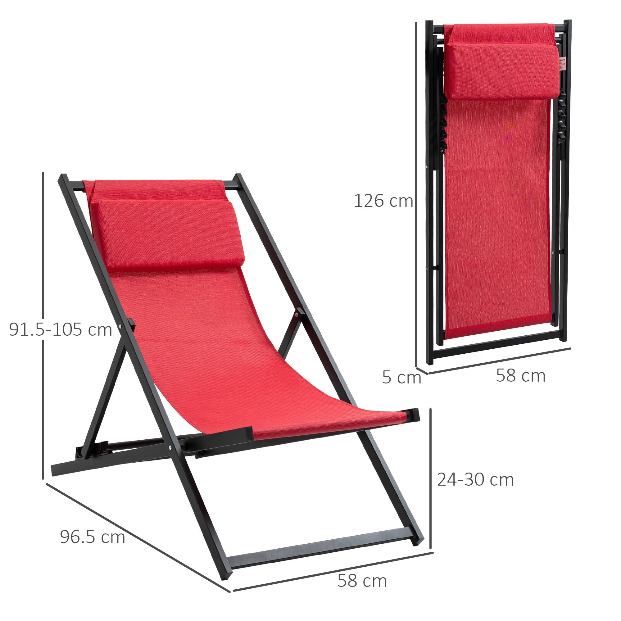 Set of 2 Outdoor Folding and Reclining Deck Chairs in Aluminum, Red, 96.5 x 58 x 91.5cm - Image 3