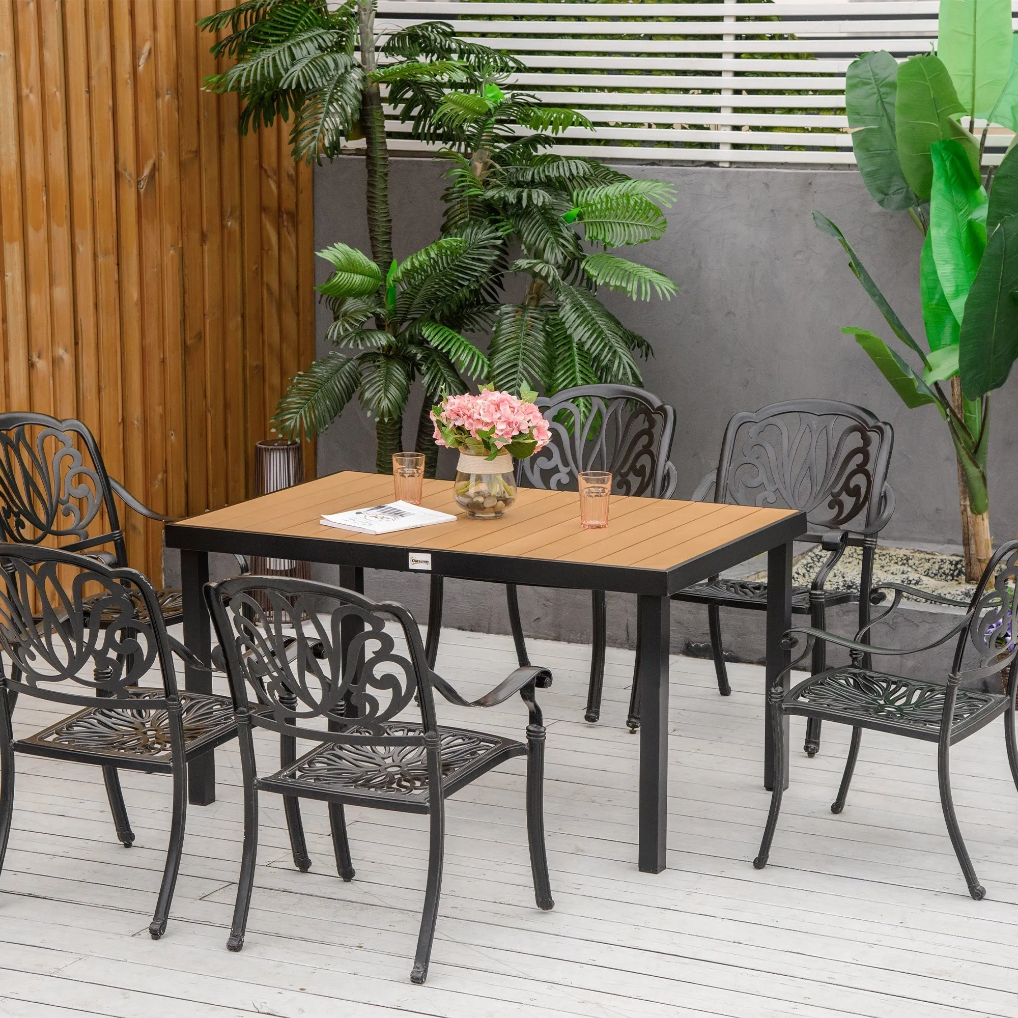6-Seater Garden Table in Aluminum and Plastic, Black and Wood Color - Image 2