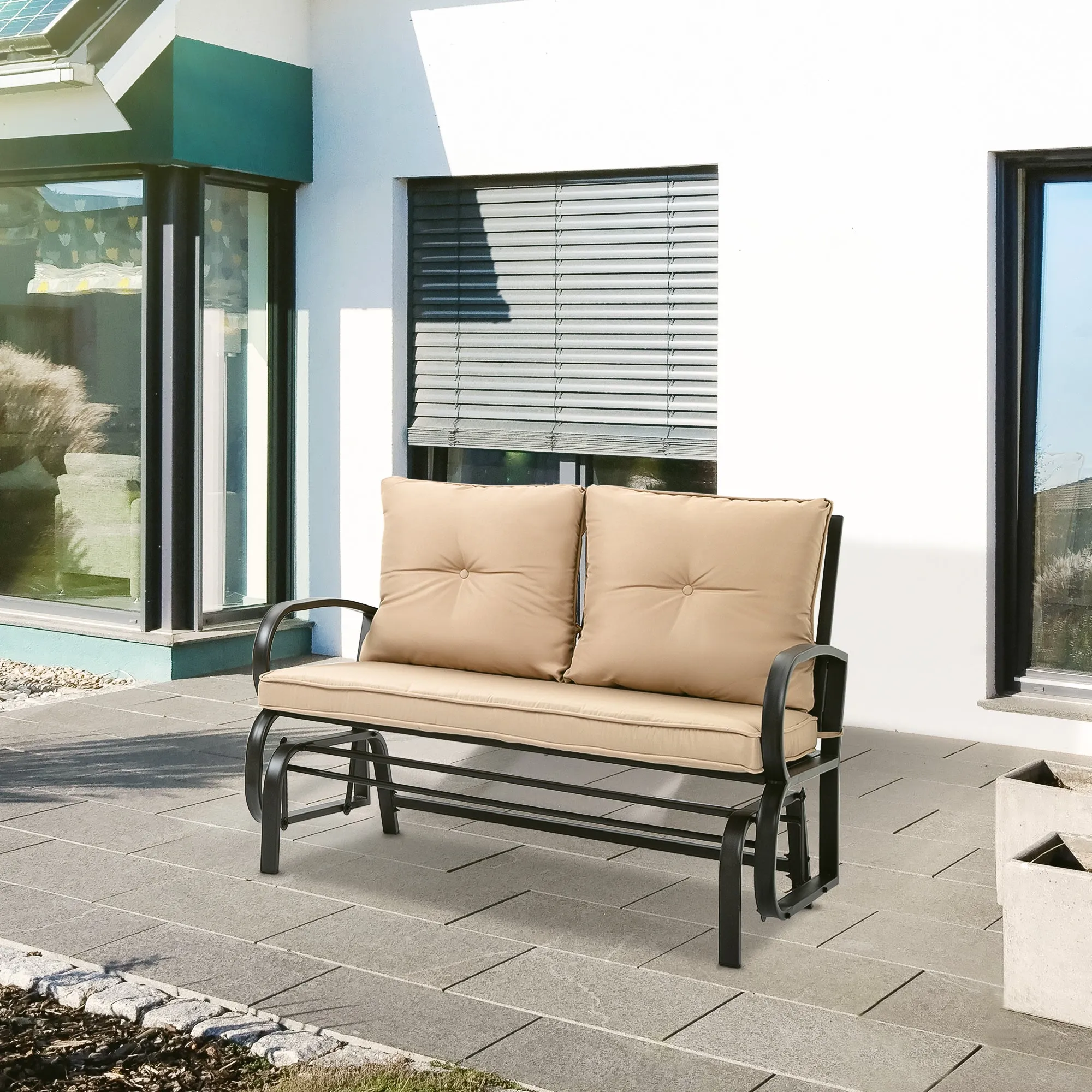 2-Person Garden Swing Bench with Seat and Back Cushions, 122x70x87cm, Khaki - Image 2
