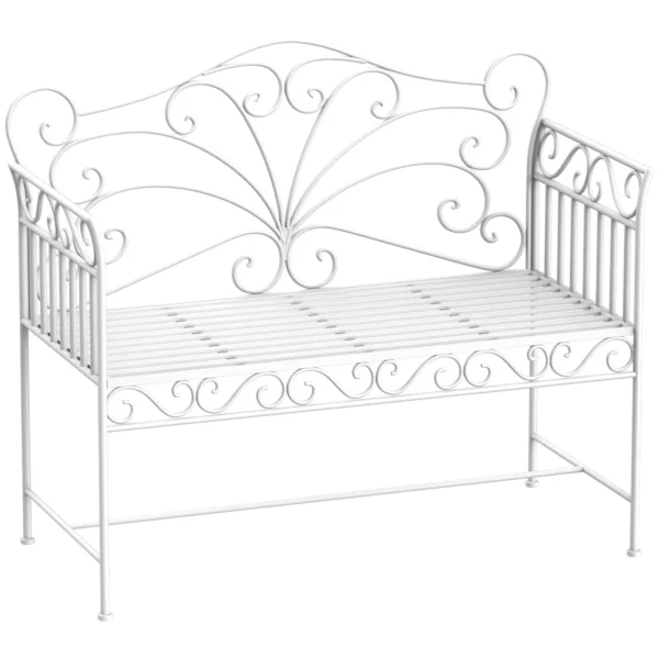2-Seater Outdoor Bench, Romantic Style Iron Garden Bench 113.5 x 50 x 96cm White