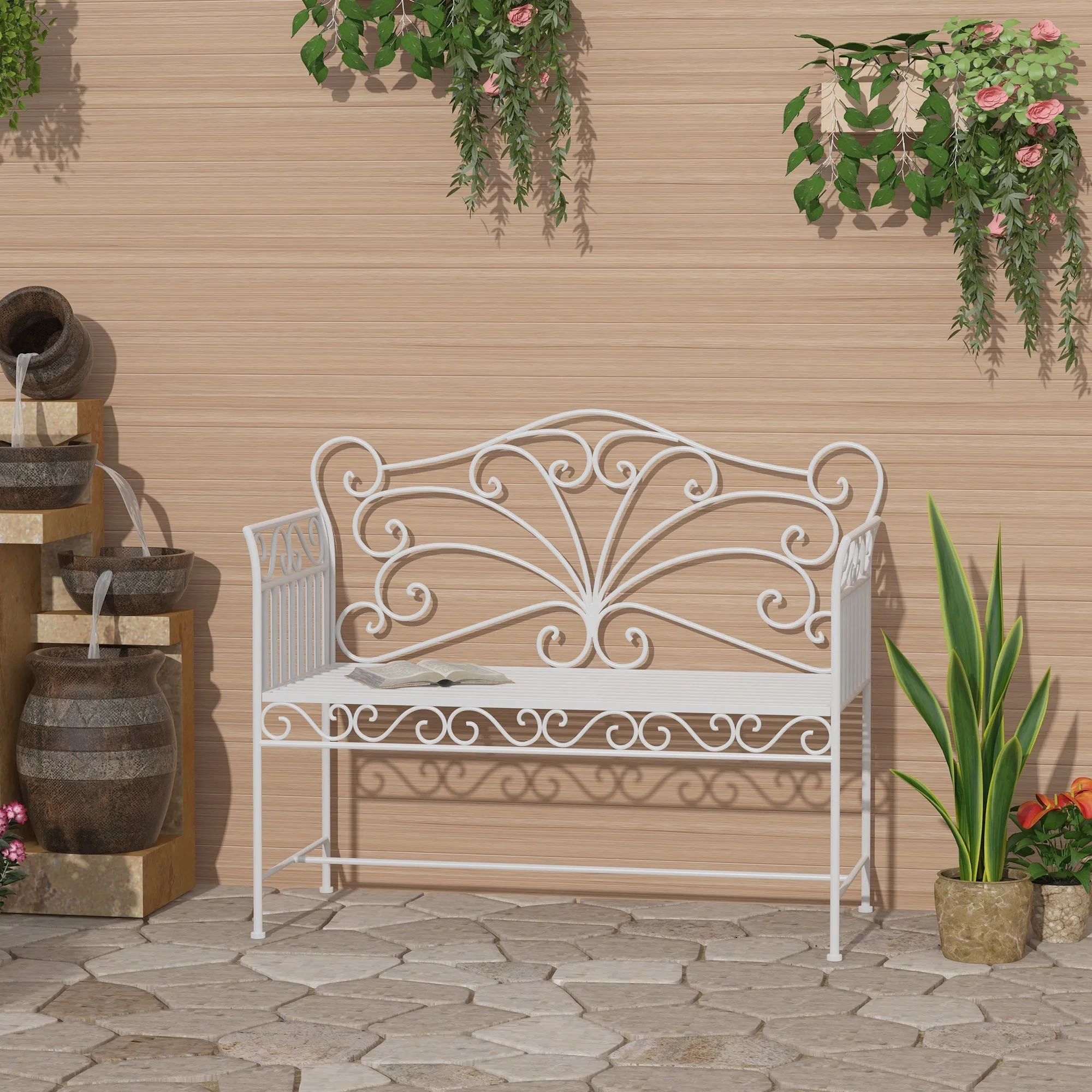 2-Seater Outdoor Bench, Romantic Style Iron Garden Bench 113.5 x 50 x 96cm White - Image 2