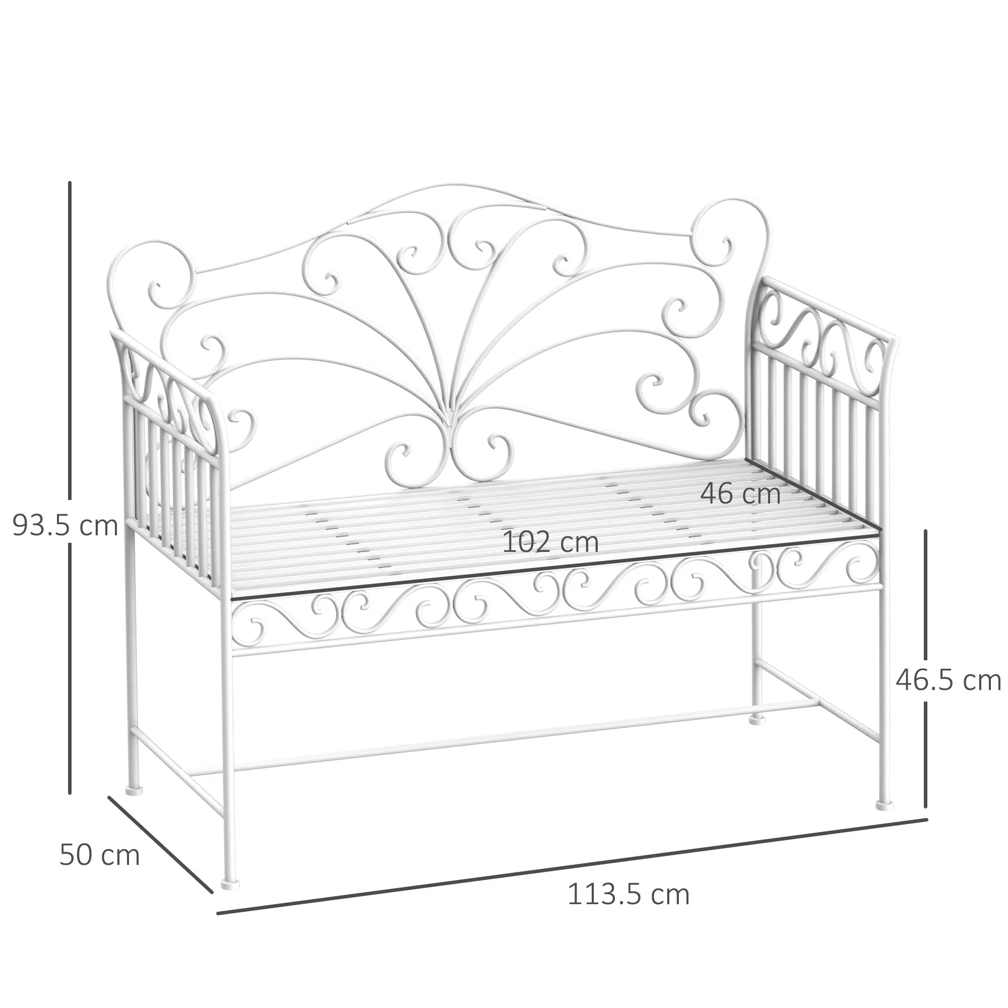 2-Seater Outdoor Bench, Romantic Style Iron Garden Bench 113.5 x 50 x 96cm White - Image 3