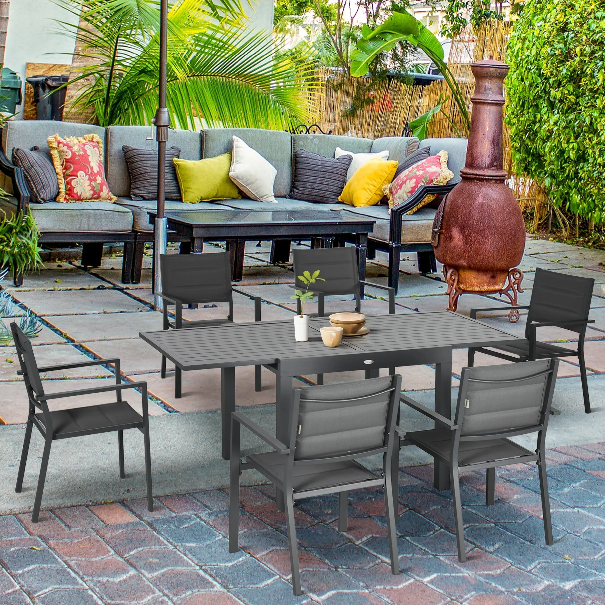 Extendable Aluminum Garden Table and 6 Chairs Set with Breathable Seat, Grey - Image 2
