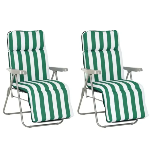2-Piece Folding and Reclining Beach Chair, Garden Sun Loungers with Padded Cushion, Green and White