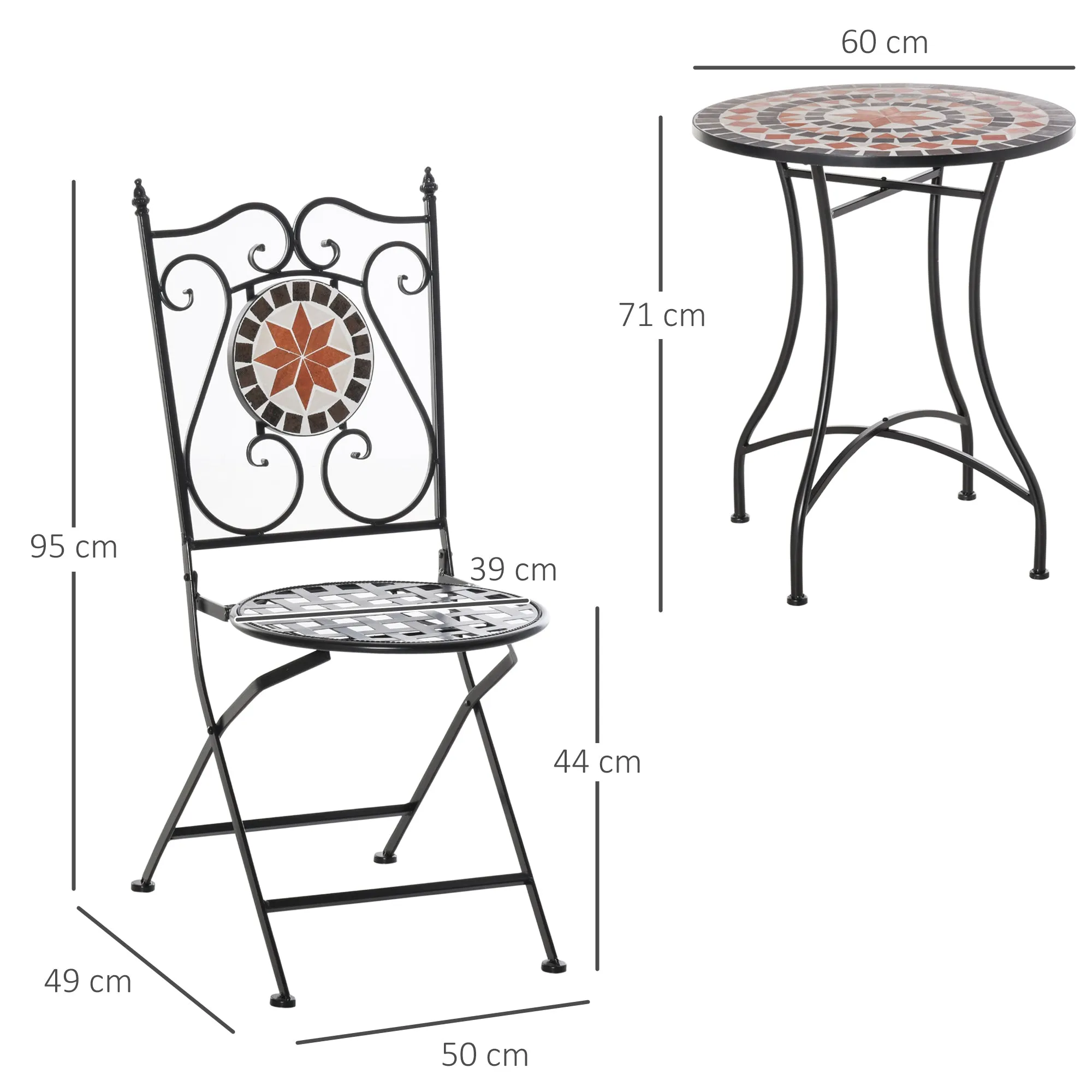 3-Piece Garden Furniture Set with 2 Folding Chairs and 1 Coffee Table, Metal and Ceramic - Image 3