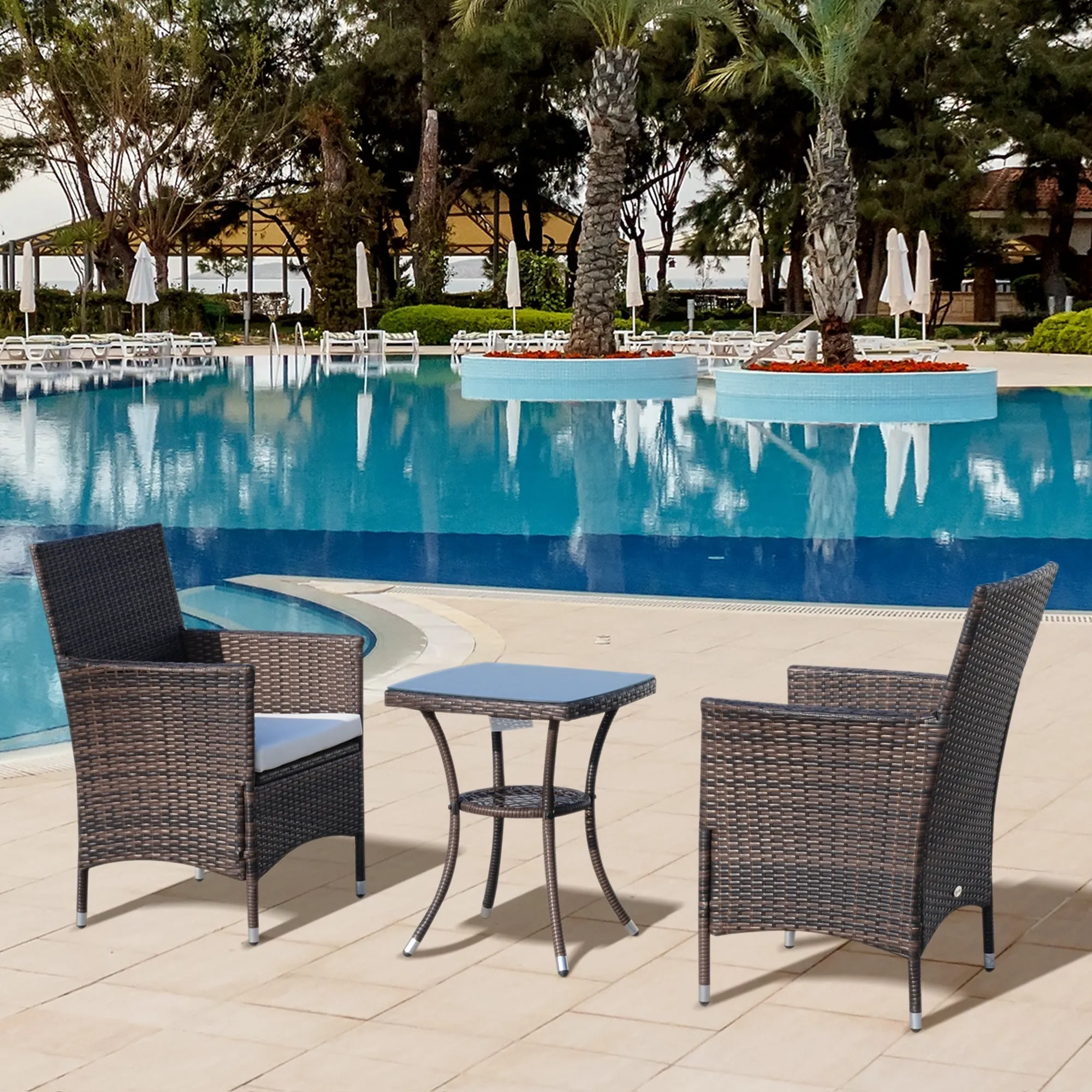 Rattan Garden Furniture Set, 3-Piece Table and 2 Chairs with Cushions, Brown - Image 2