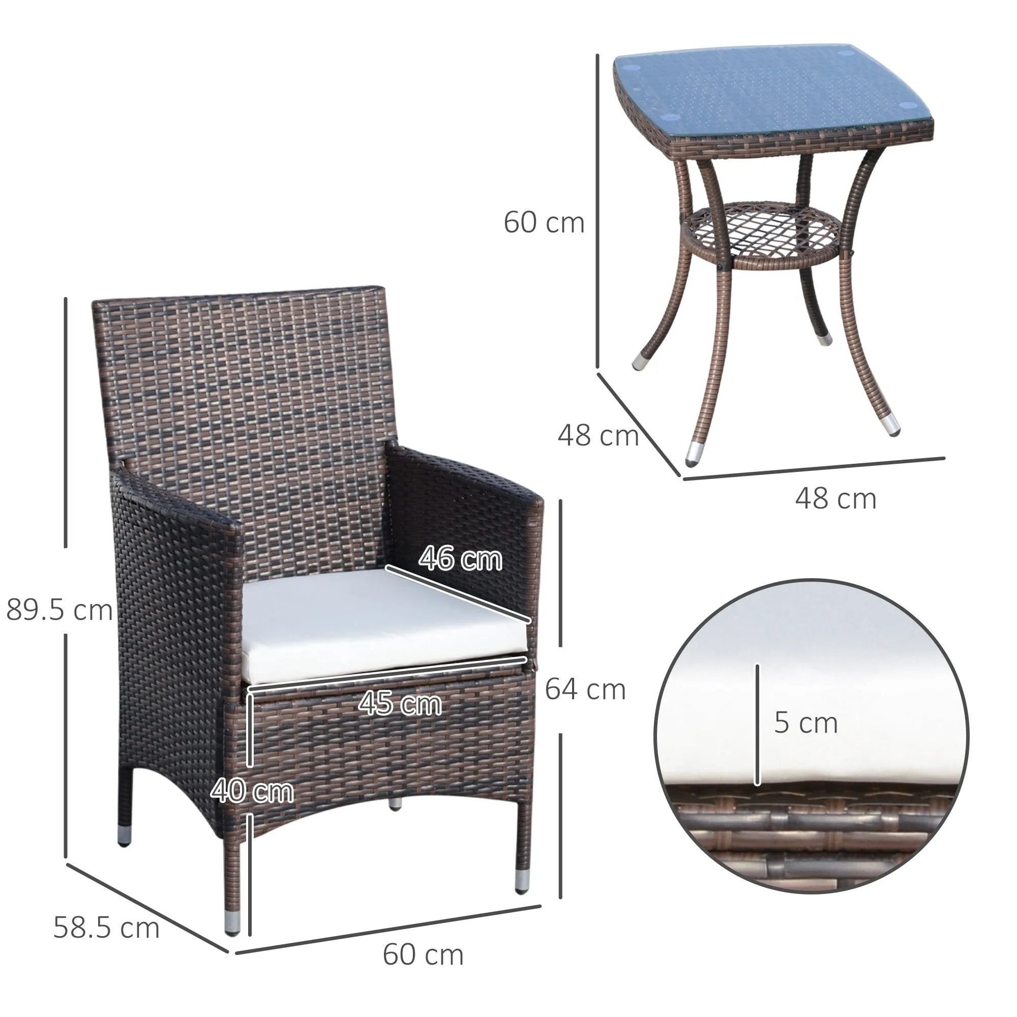 Rattan Garden Furniture Set, 3-Piece Table and 2 Chairs with Cushions, Brown - Image 3