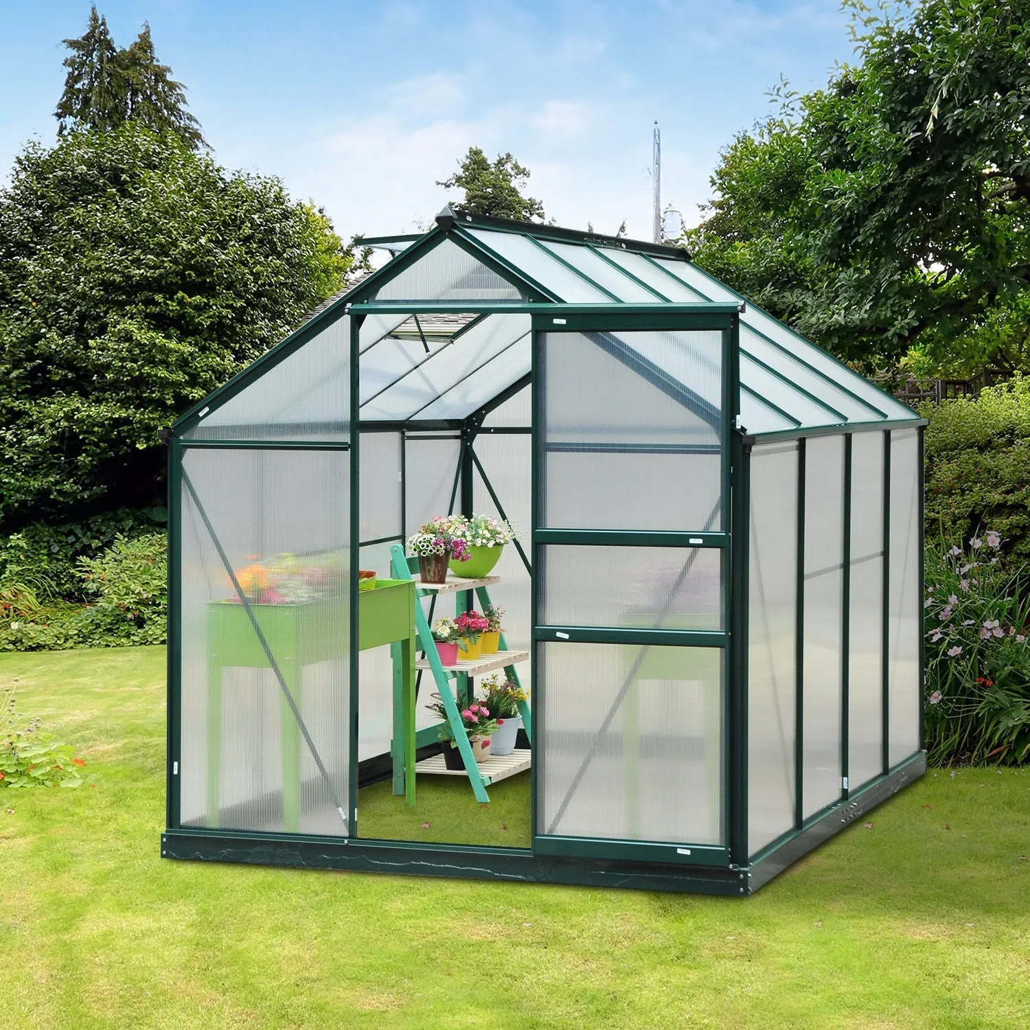 Anti-UV Polycarbonate Garden Greenhouse with Window and Sliding Door, 190x252x201cm - Image 3