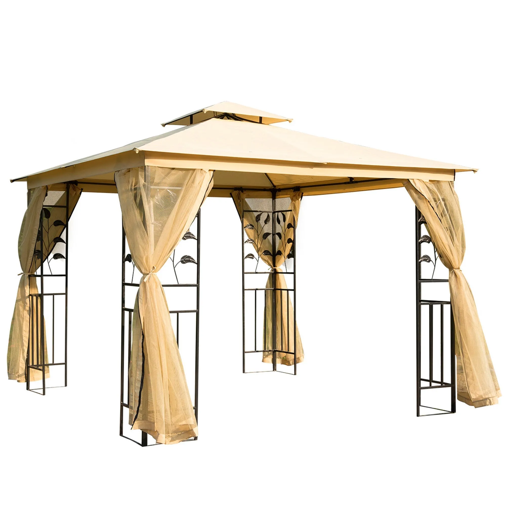Garden Gazebo 3x3m with Mosquito Net, Steel Frame and Double Roof, Beige - Image 2