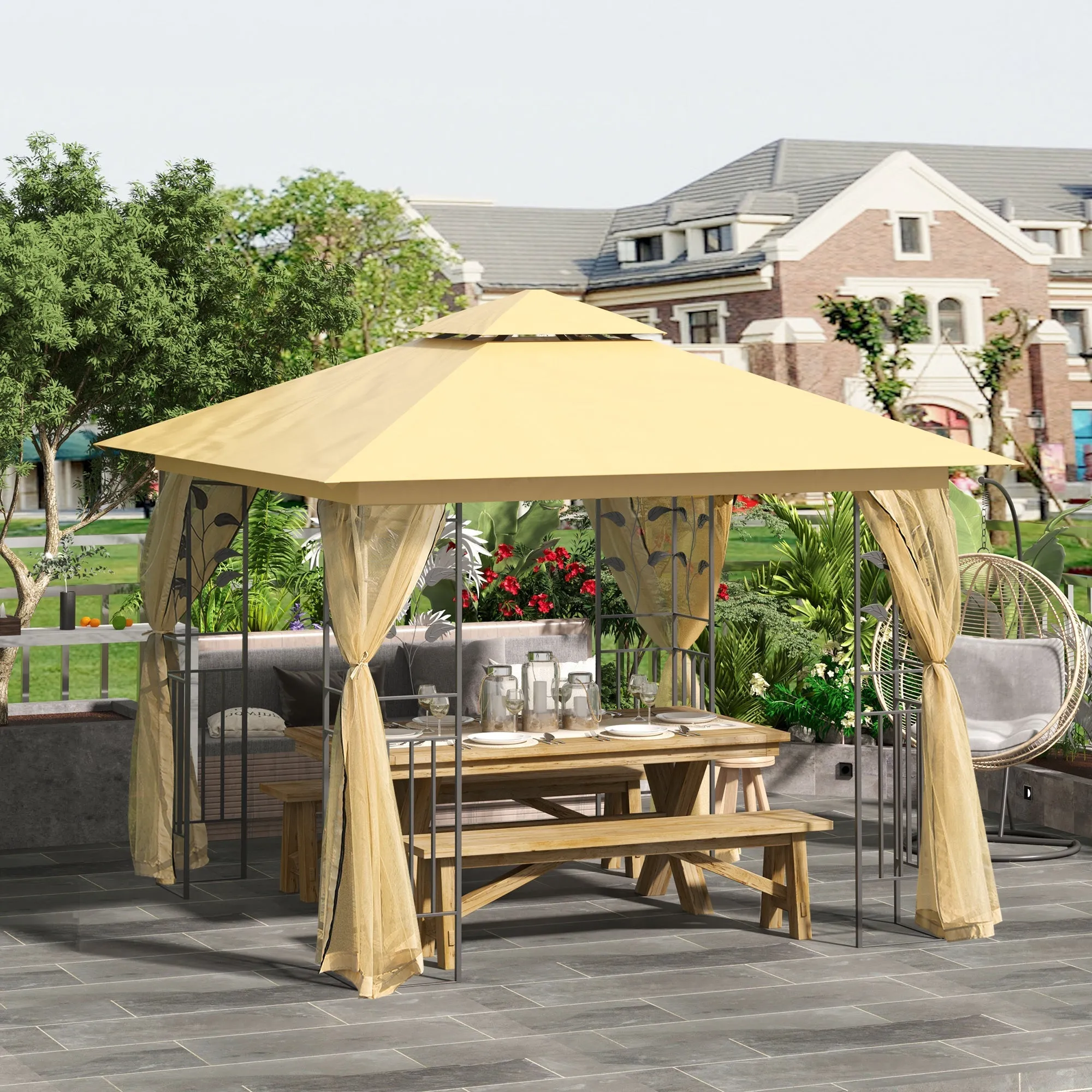 Garden Gazebo 3x3m with Mosquito Net, Steel Frame and Double Roof, Beige - Image 3
