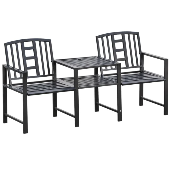 Modern 2-Seater Garden Bench with Table and Umbrella Hole Outdoor Furniture 165x56x85.5cm Black