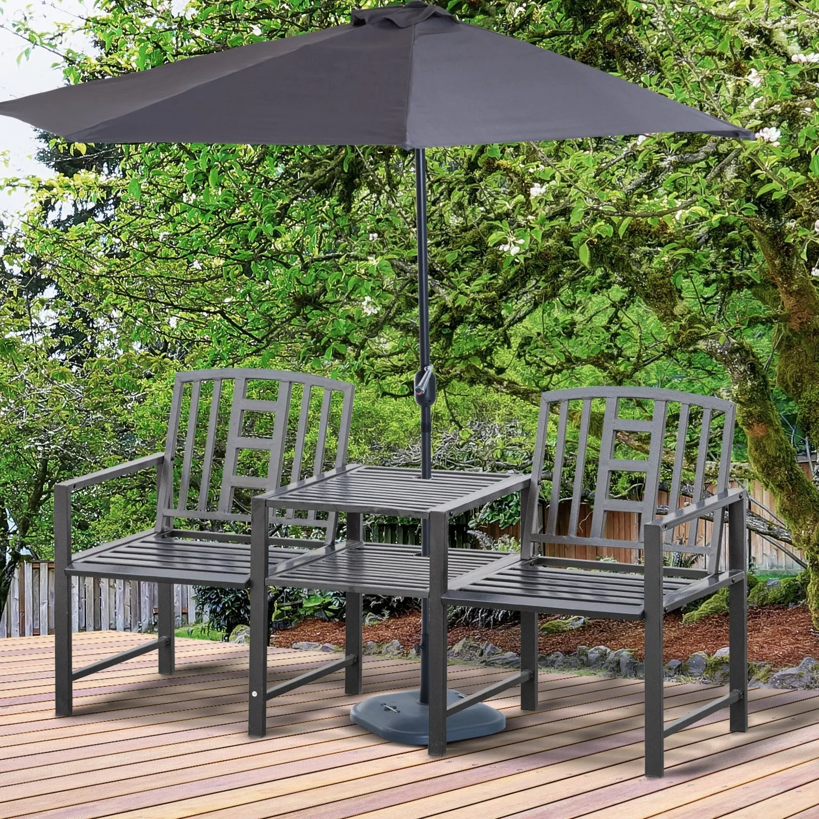Modern 2-Seater Garden Bench with Table and Umbrella Hole Outdoor Furniture 165x56x85.5cm Black - Image 2