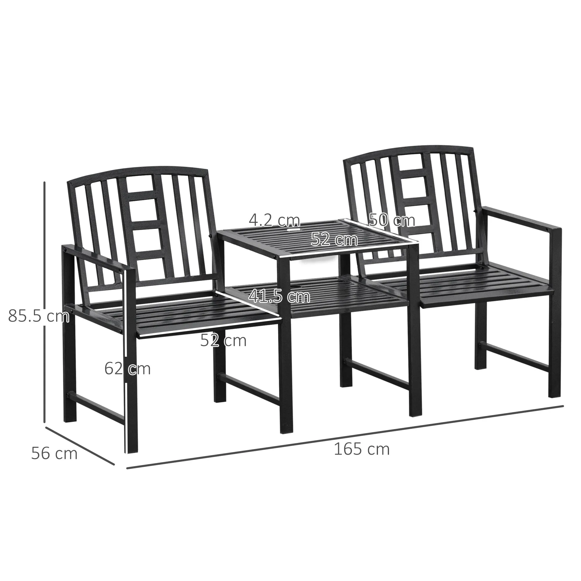 Modern 2-Seater Garden Bench with Table and Umbrella Hole Outdoor Furniture 165x56x85.5cm Black - Image 3