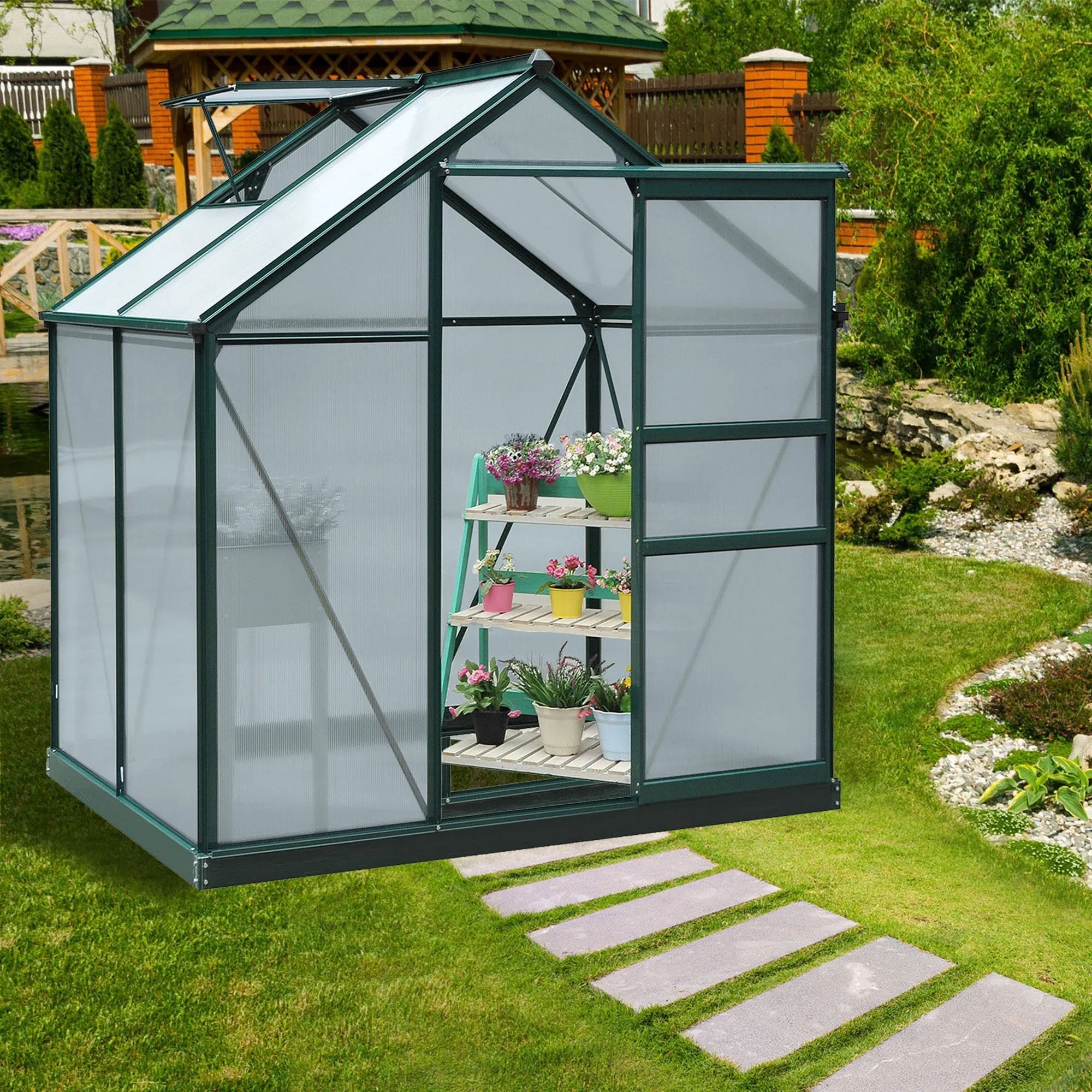 UV-Proof Polycarbonate Garden Greenhouse with Window and Sliding Door, 190x132x201cm - Image 2