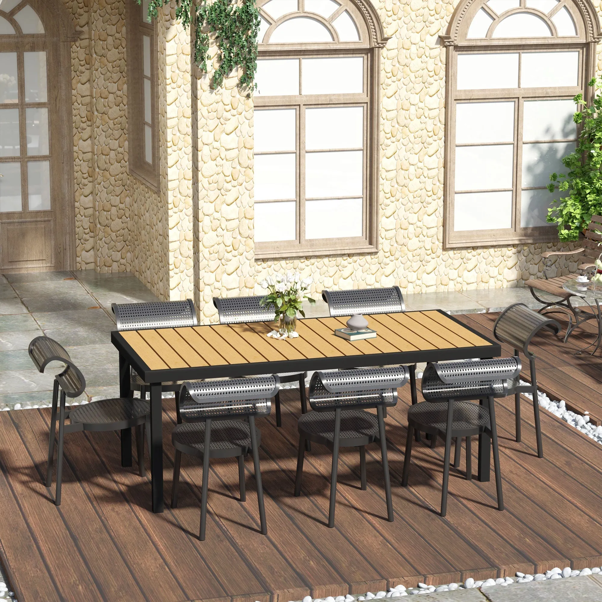 8-Person Aluminum Garden Table, Plastic Outdoor Table for Terrace and Balcony, Black and Wood Color - Image 2