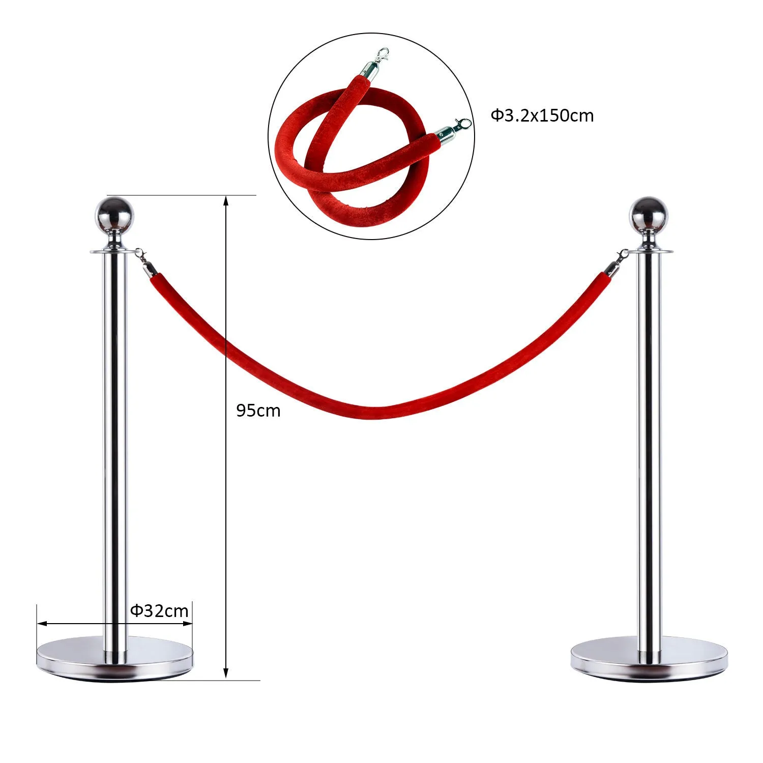 Silver Stainless Steel Retractable Bollard | with Red Rope | ф32 x 95cm - Image 3