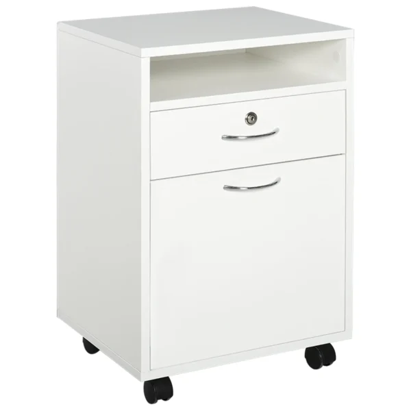 wooden office chest of office with 2 keys, drawer, locker and 4 wheels