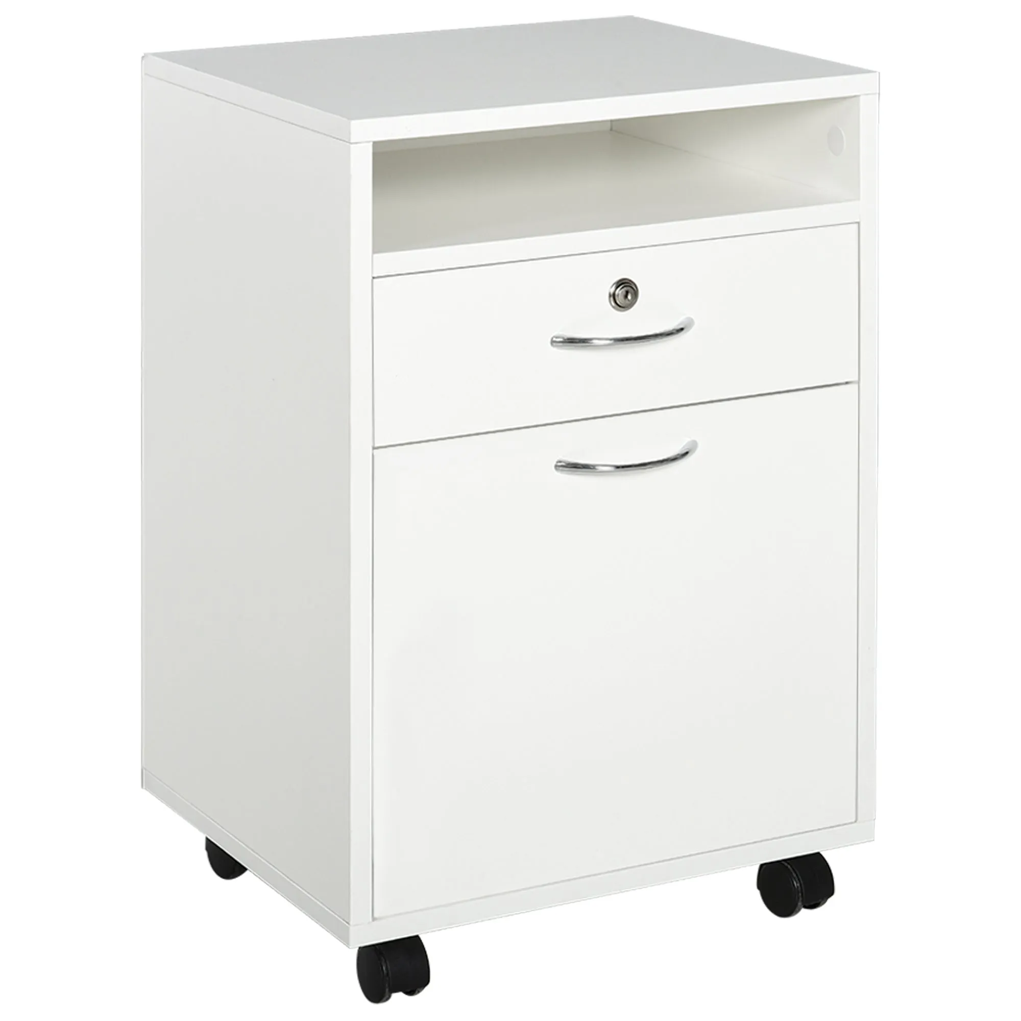 wooden office chest of office with 2 keys, drawer, locker and 4 wheels