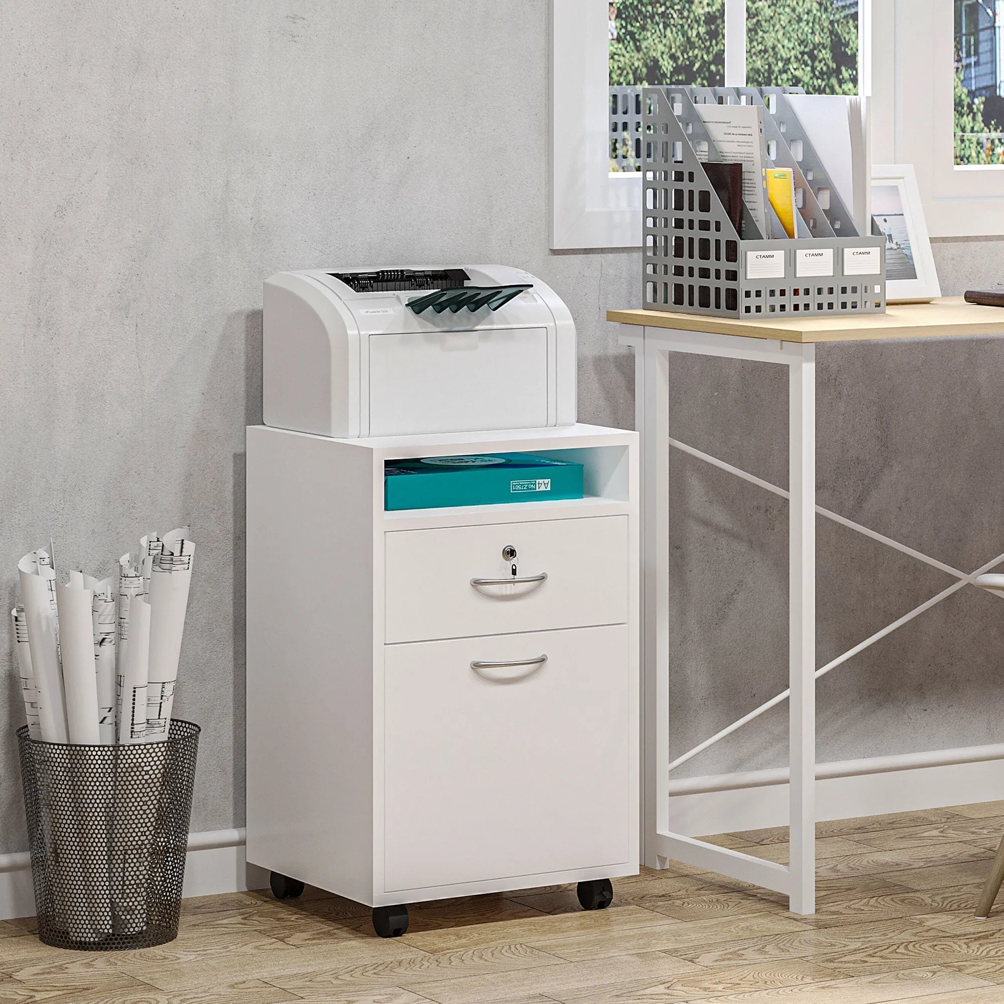 wooden office chest of office with 2 keys, drawer, locker and 4 wheels - Image 2