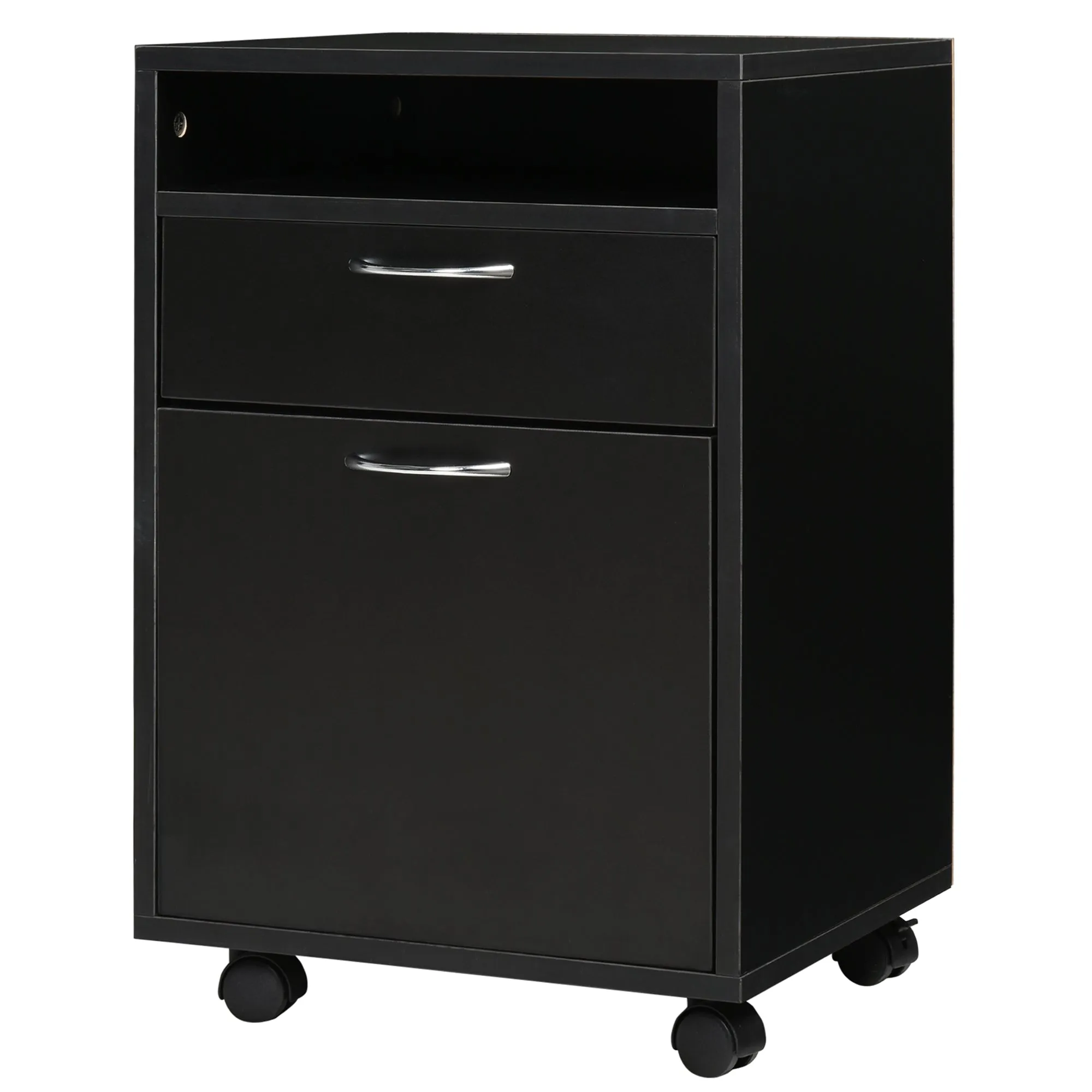 Office Filing Cabinet with Drawer, Lockable Storage Cabinet, Lockable Casters and Open Shelf, Office Drawer Unit for Letter/Legal/A4 Format, Vertical Storage Cabinet for Study, 40x35x60 cm, Black