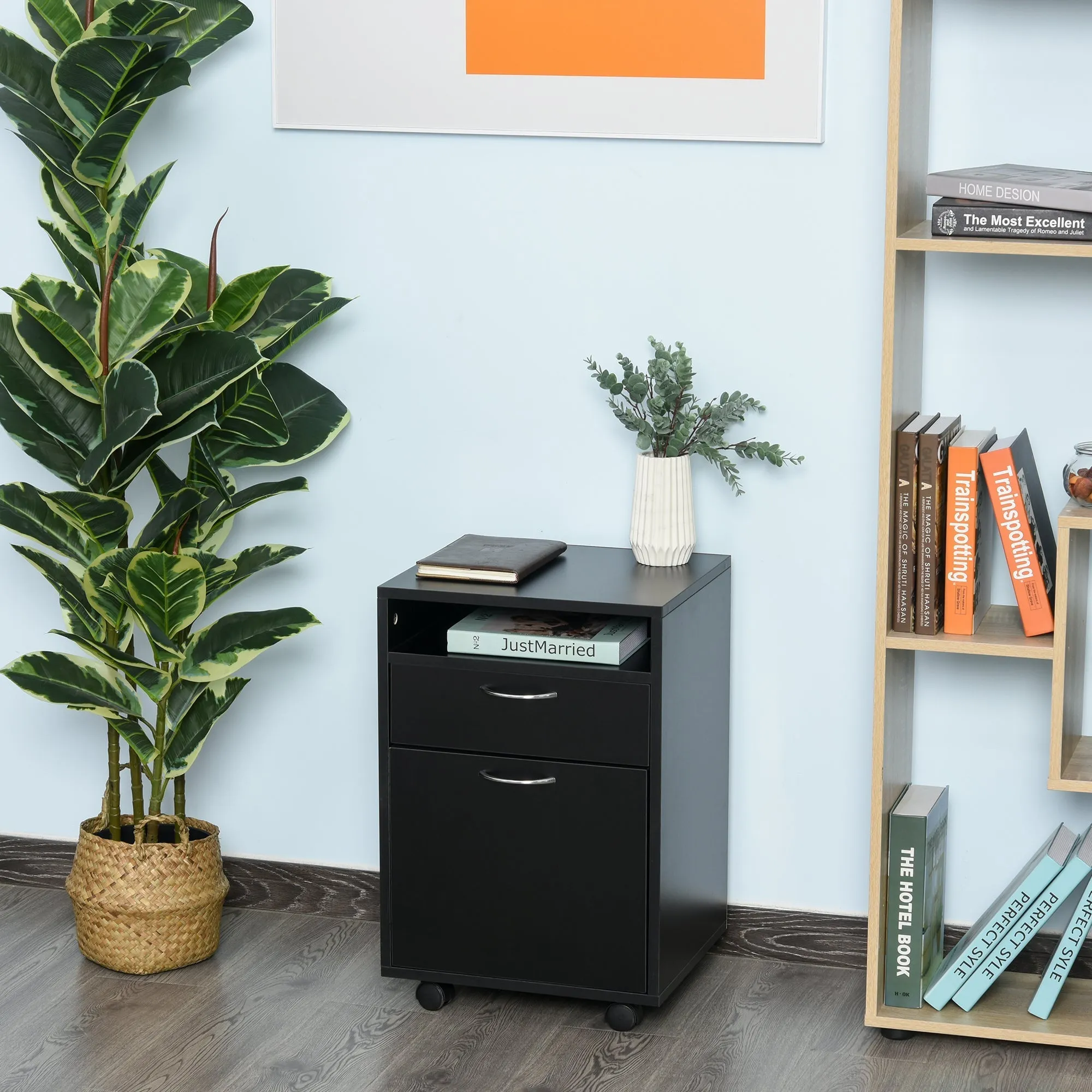 Office Filing Cabinet with Drawer, Lockable Storage Cabinet, Lockable Casters and Open Shelf, Office Drawer Unit for Letter/Legal/A4 Format, Vertical Storage Cabinet for Study, 40x35x60 cm, Black - Image 2