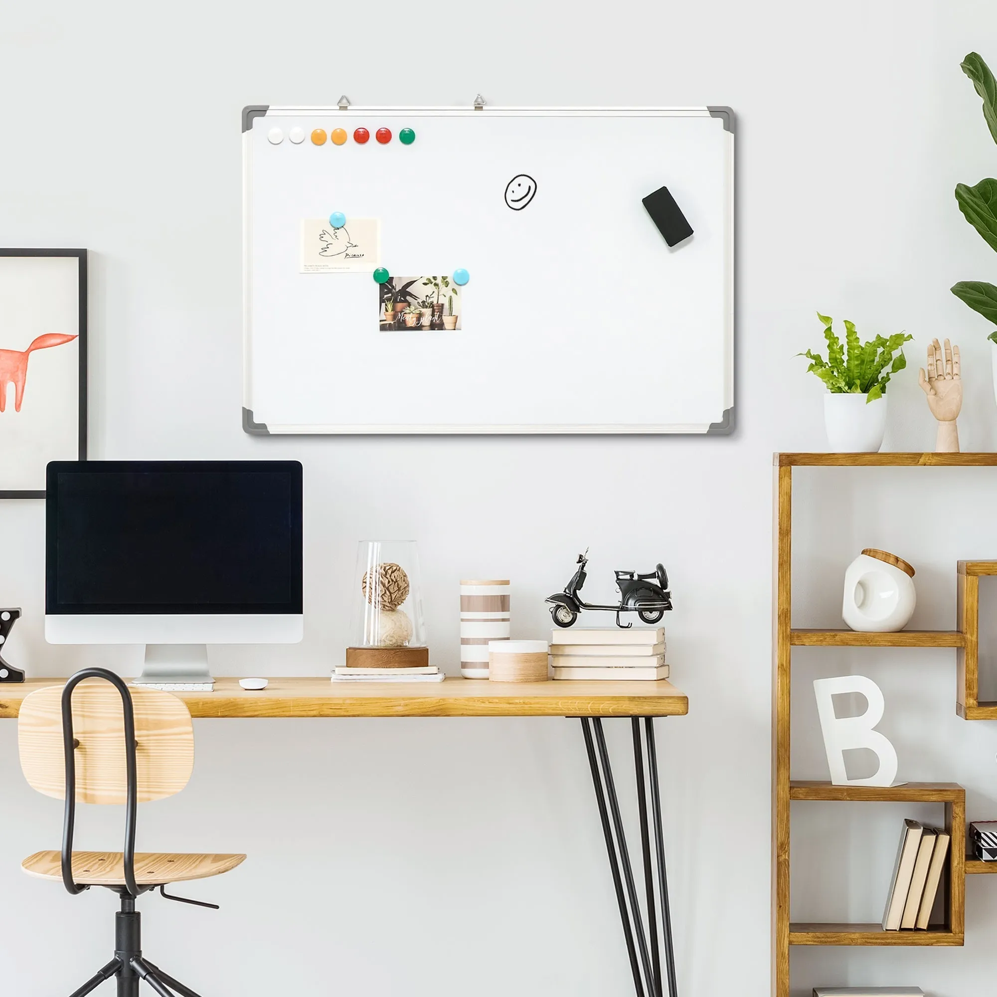 White Rectangular Magnetic Whiteboard with 4 Markers, 1 Eraser and 10 Magnets Included, 90x60x1.8 cm - Image 2