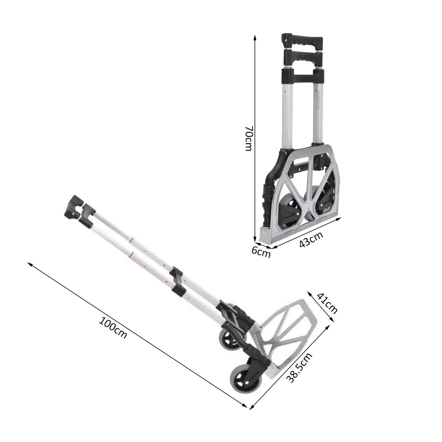 Folding Luggage Cart Max 70kg with Telescopic Handles and Adjustable Height, 41x38.5x100 cm, Silver - Image 3