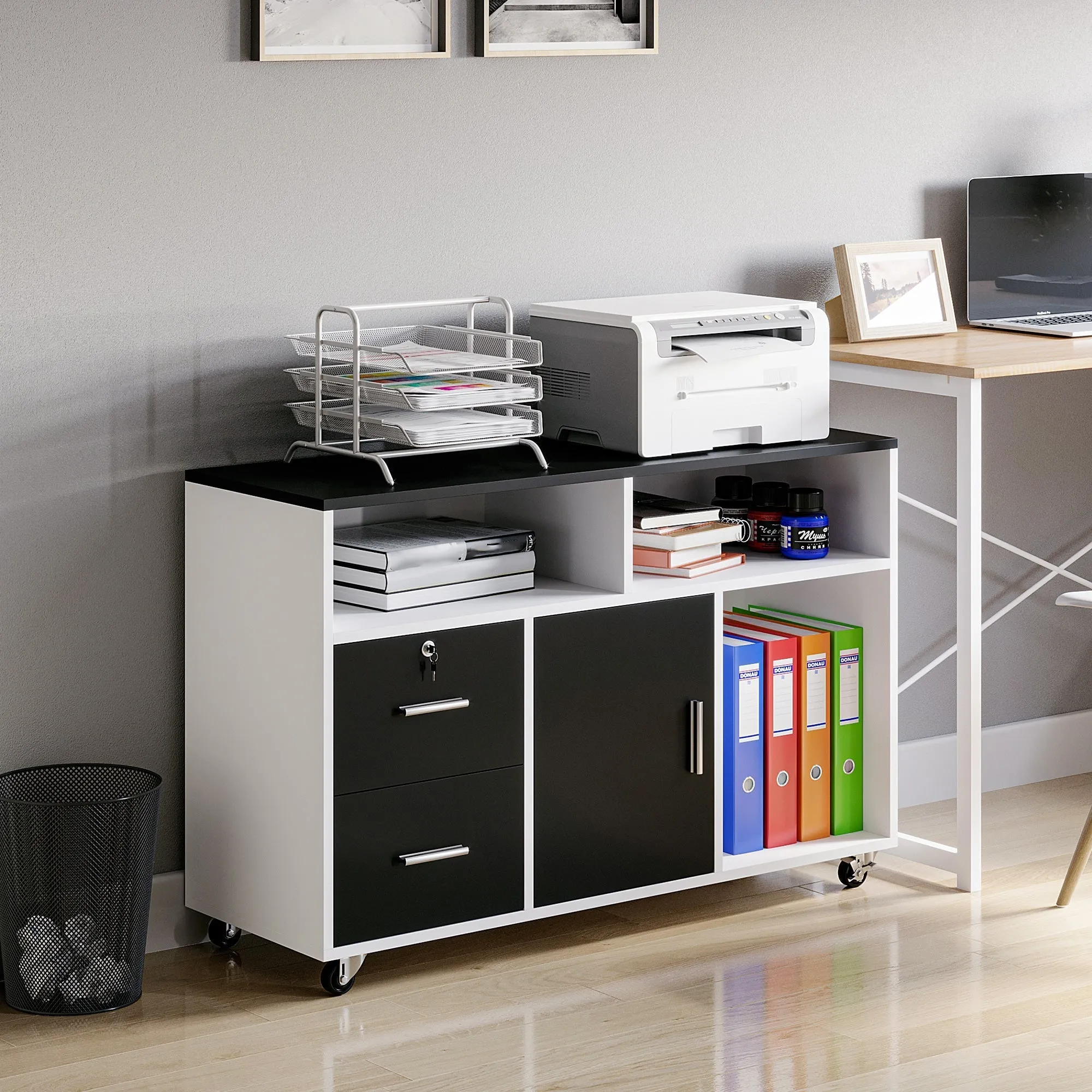 Printer Cabinet with Drawers, Multipurpose Cabinet for Office and Home, Black and White, 100x35x65cm - Image 2