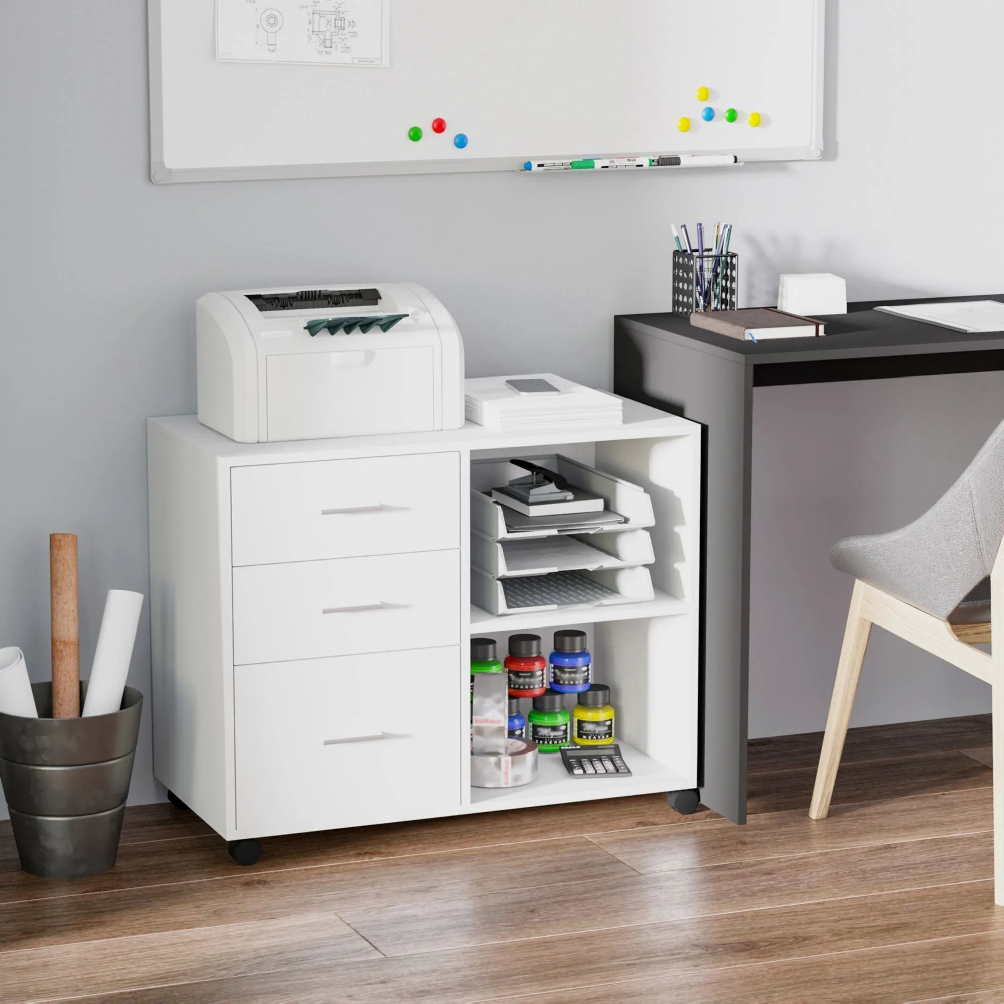 Multiuse office mobile with wooden drawers shelves - White - Image 2