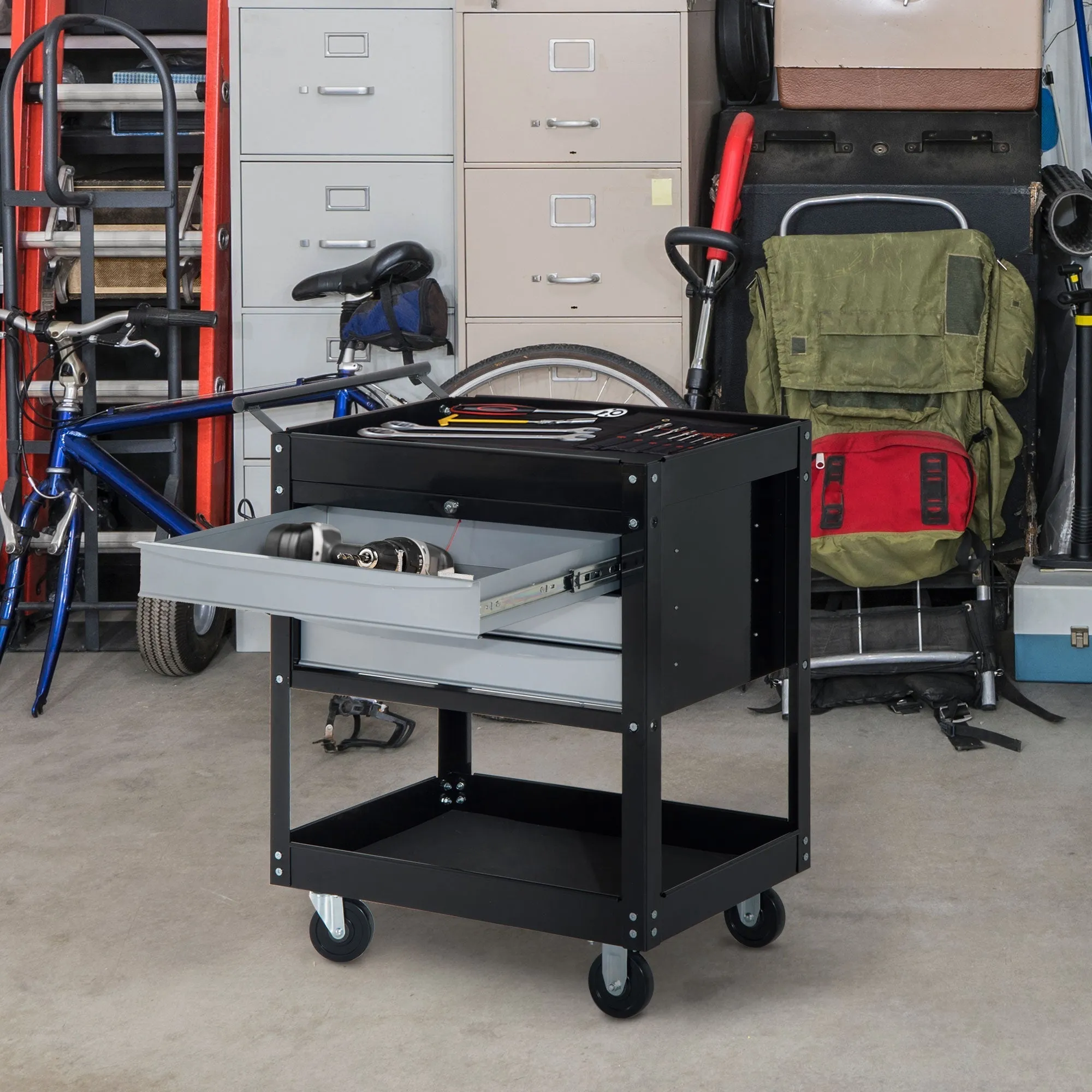Professional Workshop Trolley Sheet Metal Tool Chest, Black, 68 x 46 x 88cm - Image 2