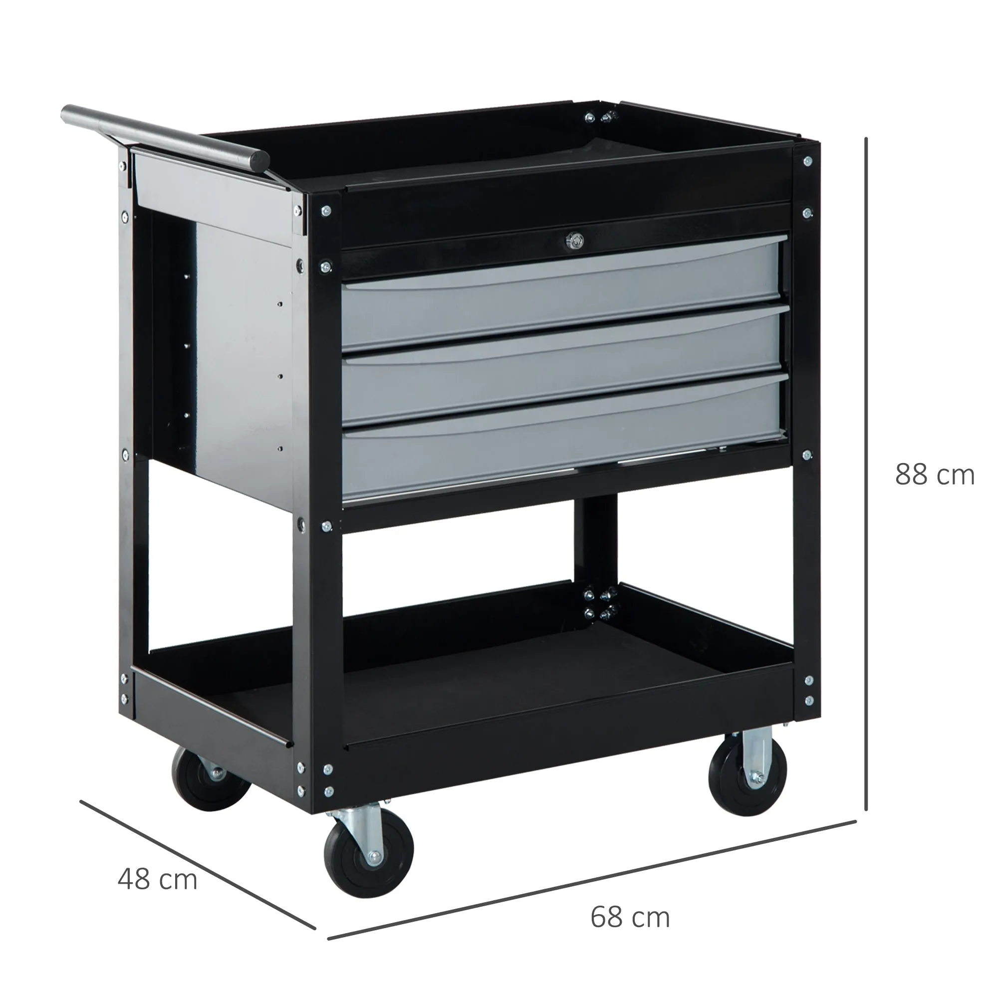 Professional Workshop Trolley Sheet Metal Tool Chest, Black, 68 x 46 x 88cm - Image 3