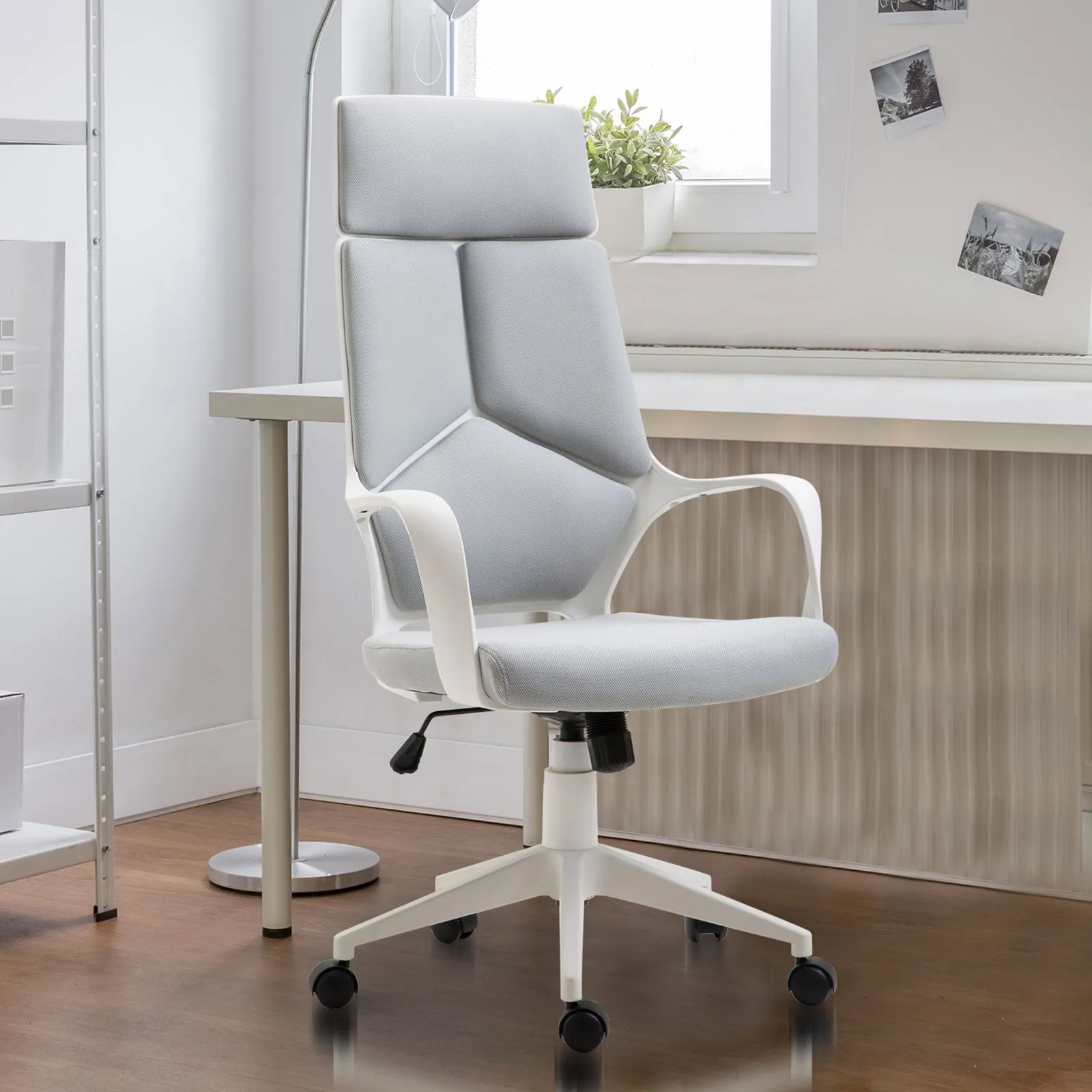 Office Chair with Rocking Function, Adjustable and Swivel Fabric Presidential Chair, 63x63x117-127 cm, Grey - Image 2