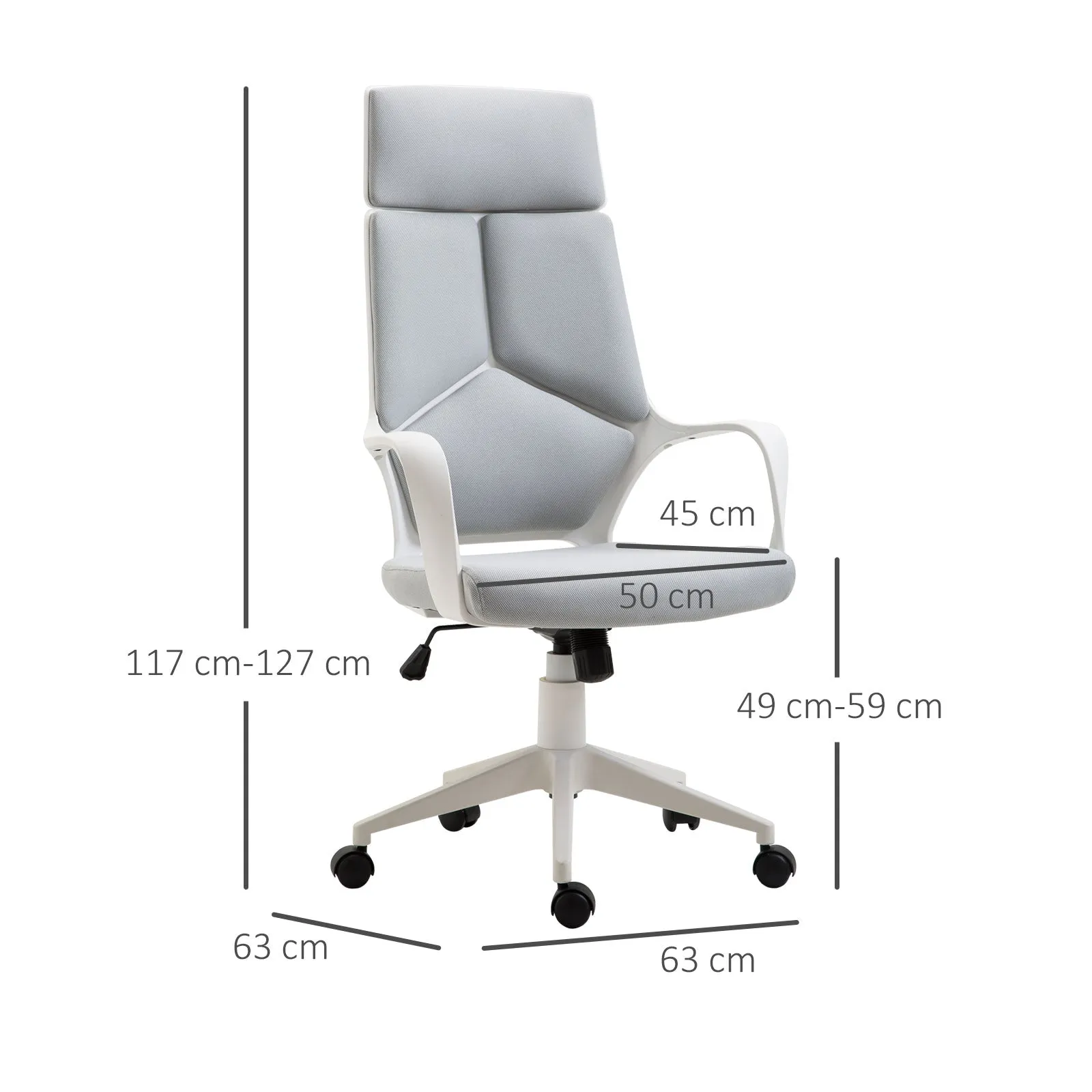 Office Chair with Rocking Function, Adjustable and Swivel Fabric Presidential Chair, 63x63x117-127 cm, Grey - Image 3
