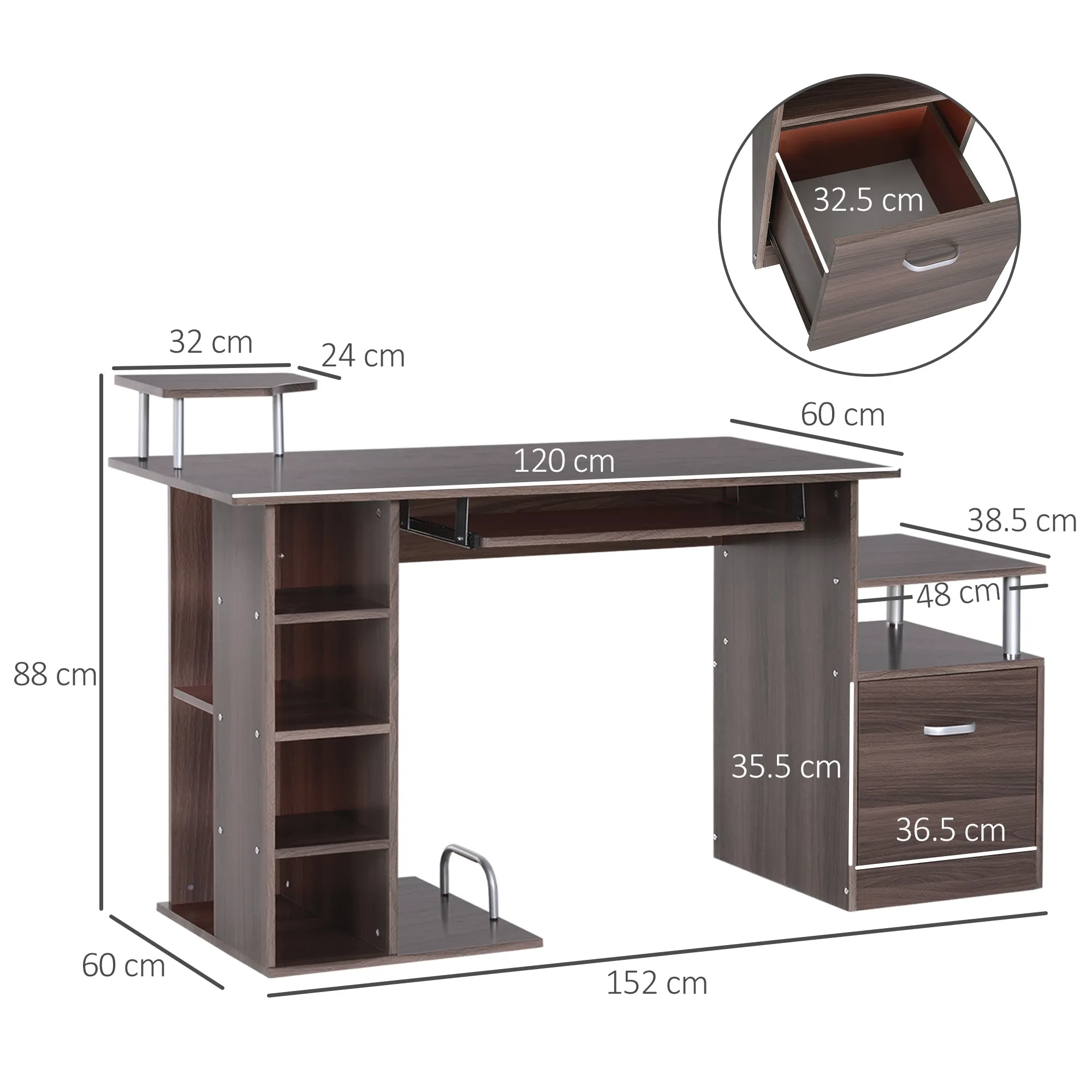 Desk for Chamber and Office with drawer and wooden shelf, 152x60x88cm, brown - Image 3