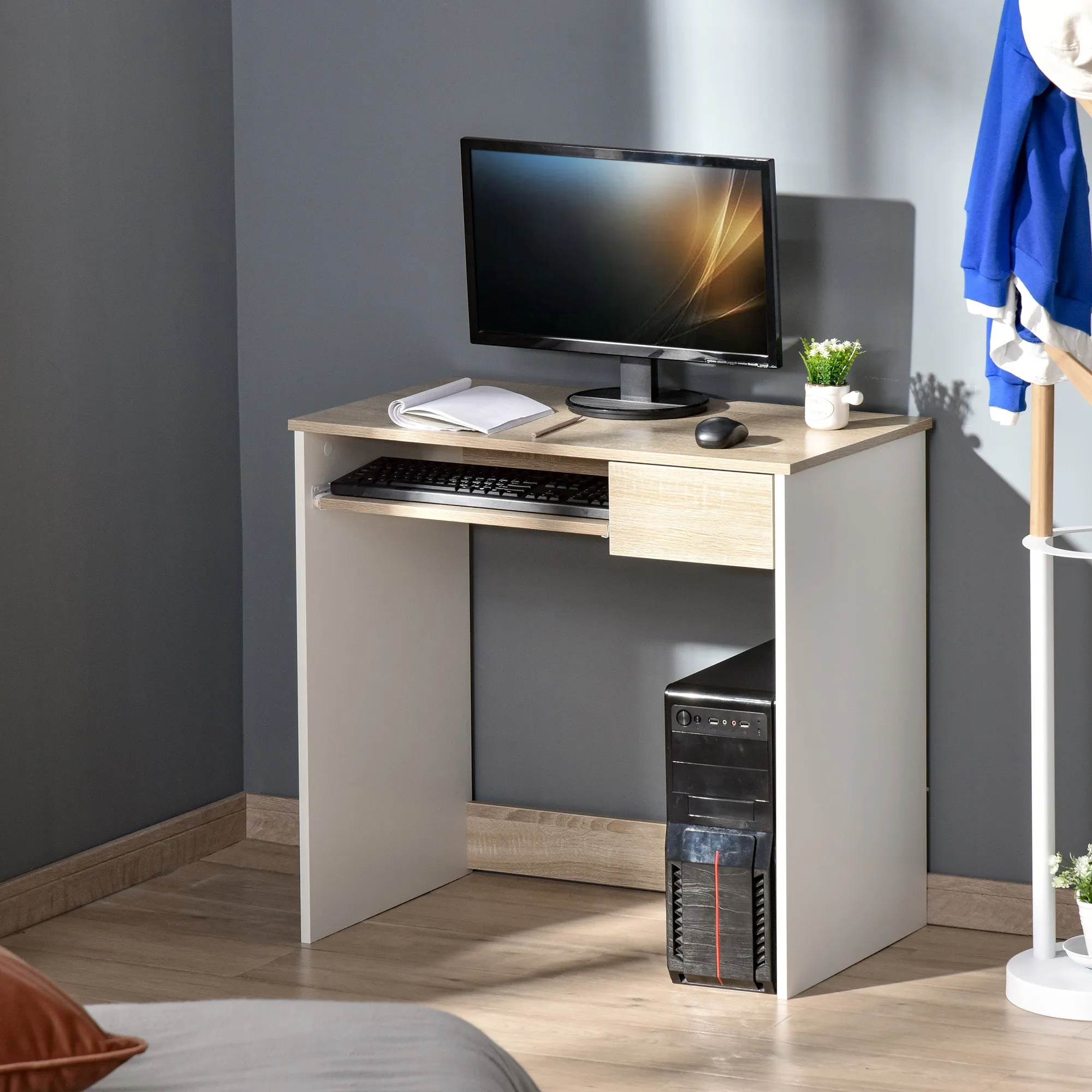 Desk for PC with keyboard shelf, oak white - Image 2
